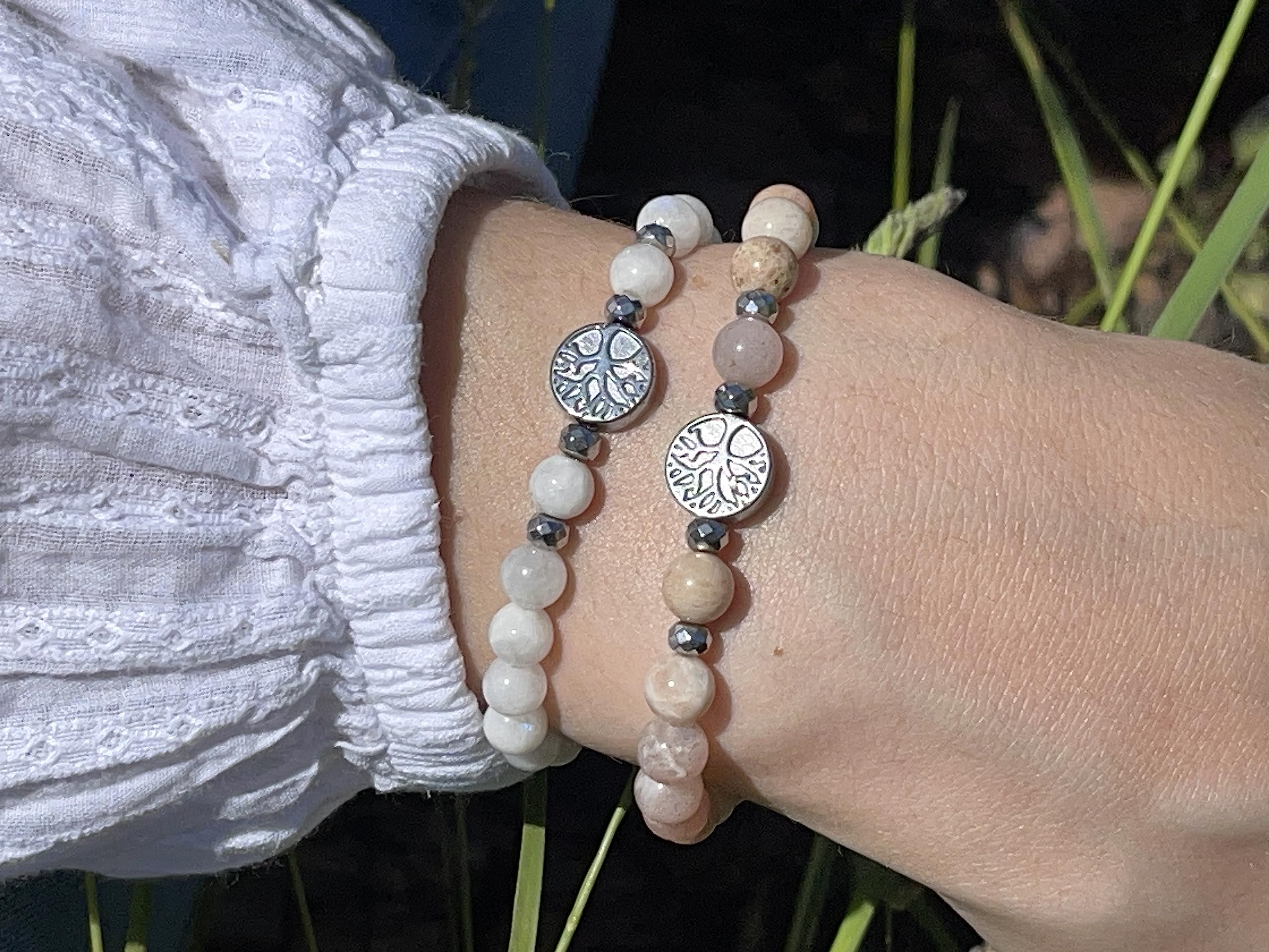 Mondstein Sonnenstein Mix Armband Perlen echt 6mm Lebensbaum Hämatit Silber - Handmade Perlenarmband Weiblichkeit Herzenswärme - Spiritueller Schmuck Unisex - Personalisierbar