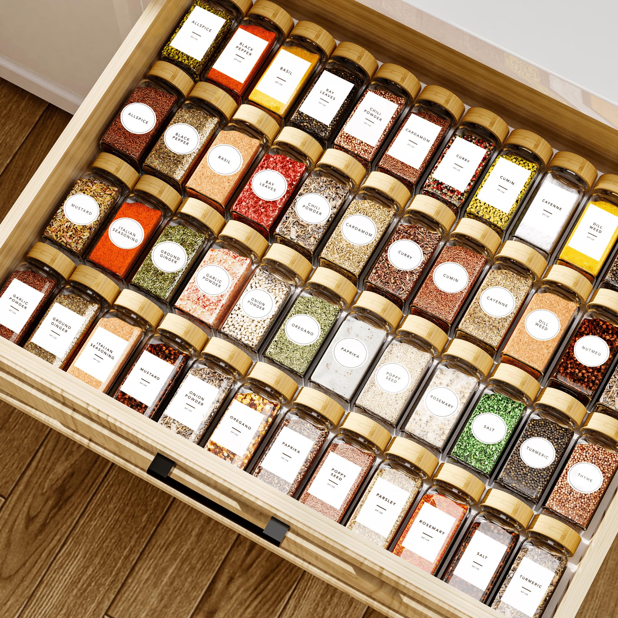 DIFULI 48 Gewürzgläser Eckig Set mit Deckel, 120ml Gewürzdosen mit 340 Etiketten,Sieben (48)