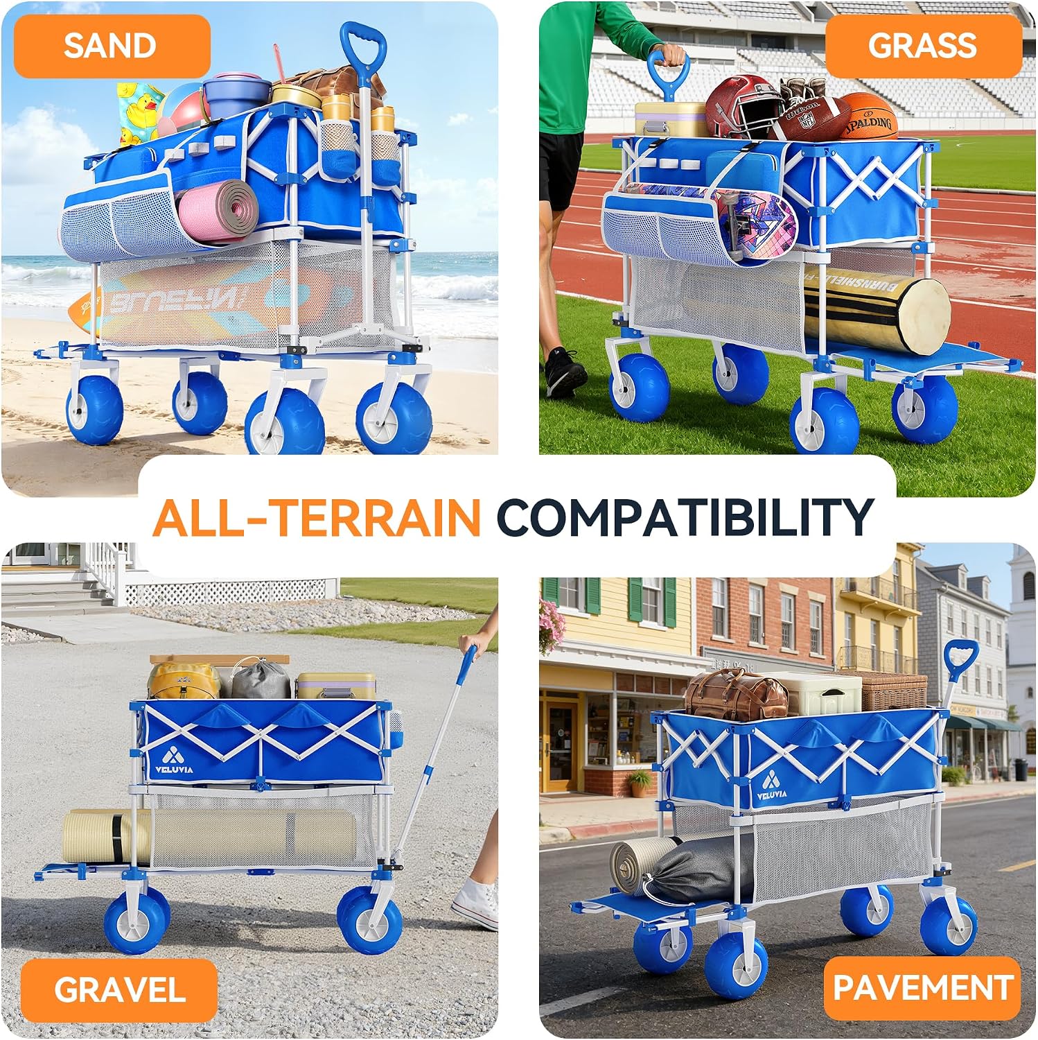 400L Double Decker Beach Wagon-500LBS Heavy Duty Beach Cart with 9" Big Balloon Wheels for Sand,Folding Collapsible Wagon with Side Pocket for Beach, Fishing, Camping,Outdoor(Blue)