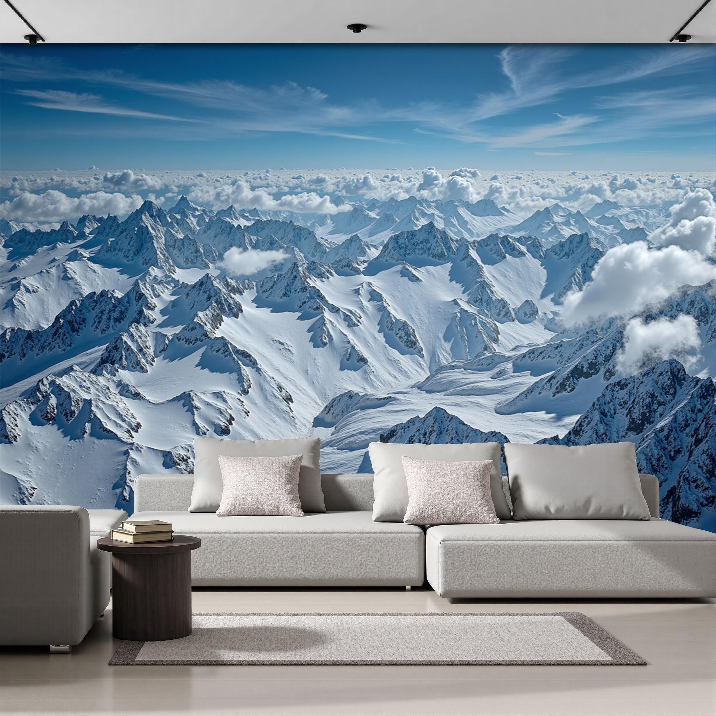 Fotomurales 3D de cielo azul para crear un salón luminoso con vistas a la montaña