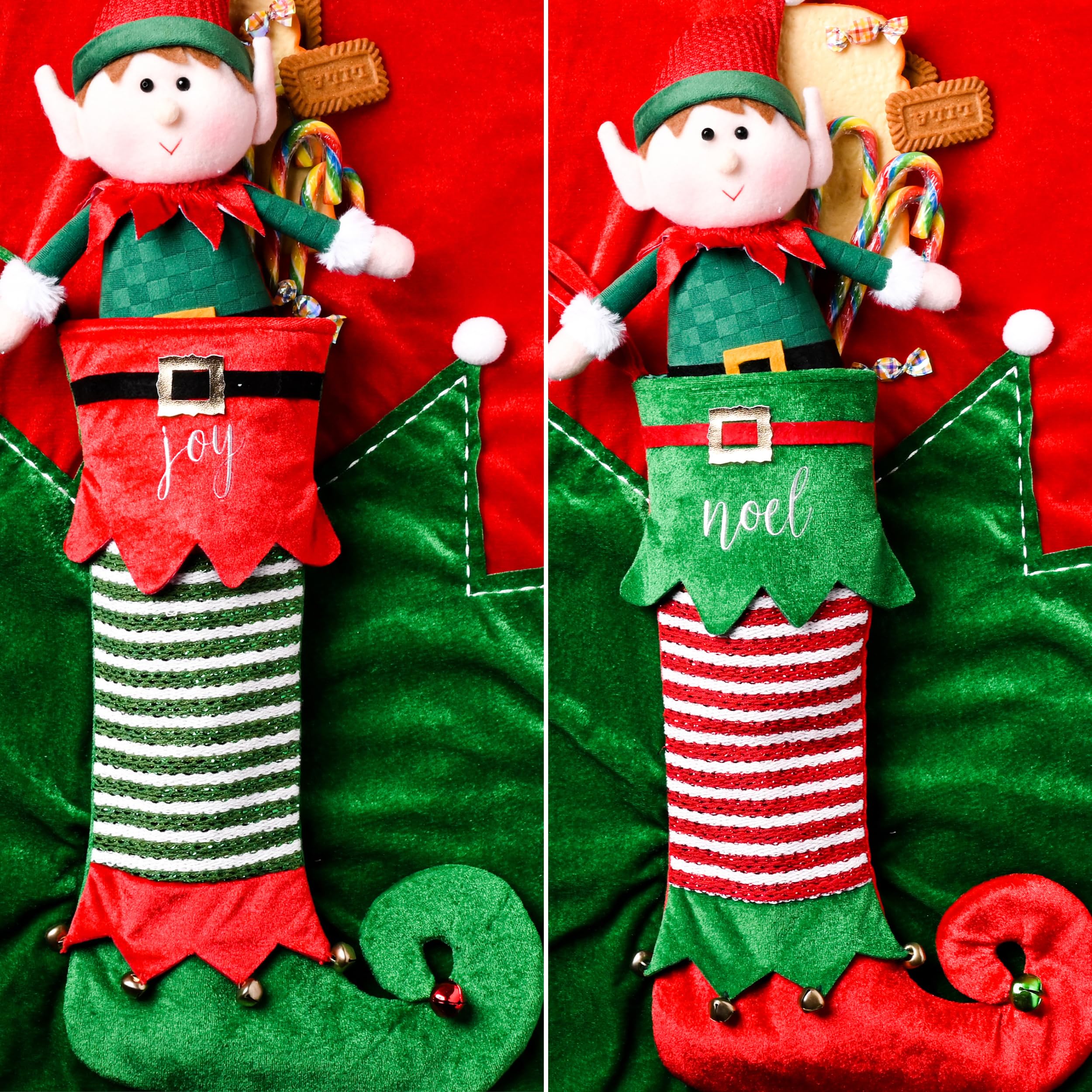 Valery Madelyn Lot de 2 chaussettes de Noël de 45,7 cm, motif lutin rouge et vert, en peluche exquise, décoration à suspendre pour cheminée, décoration de fête de Noël