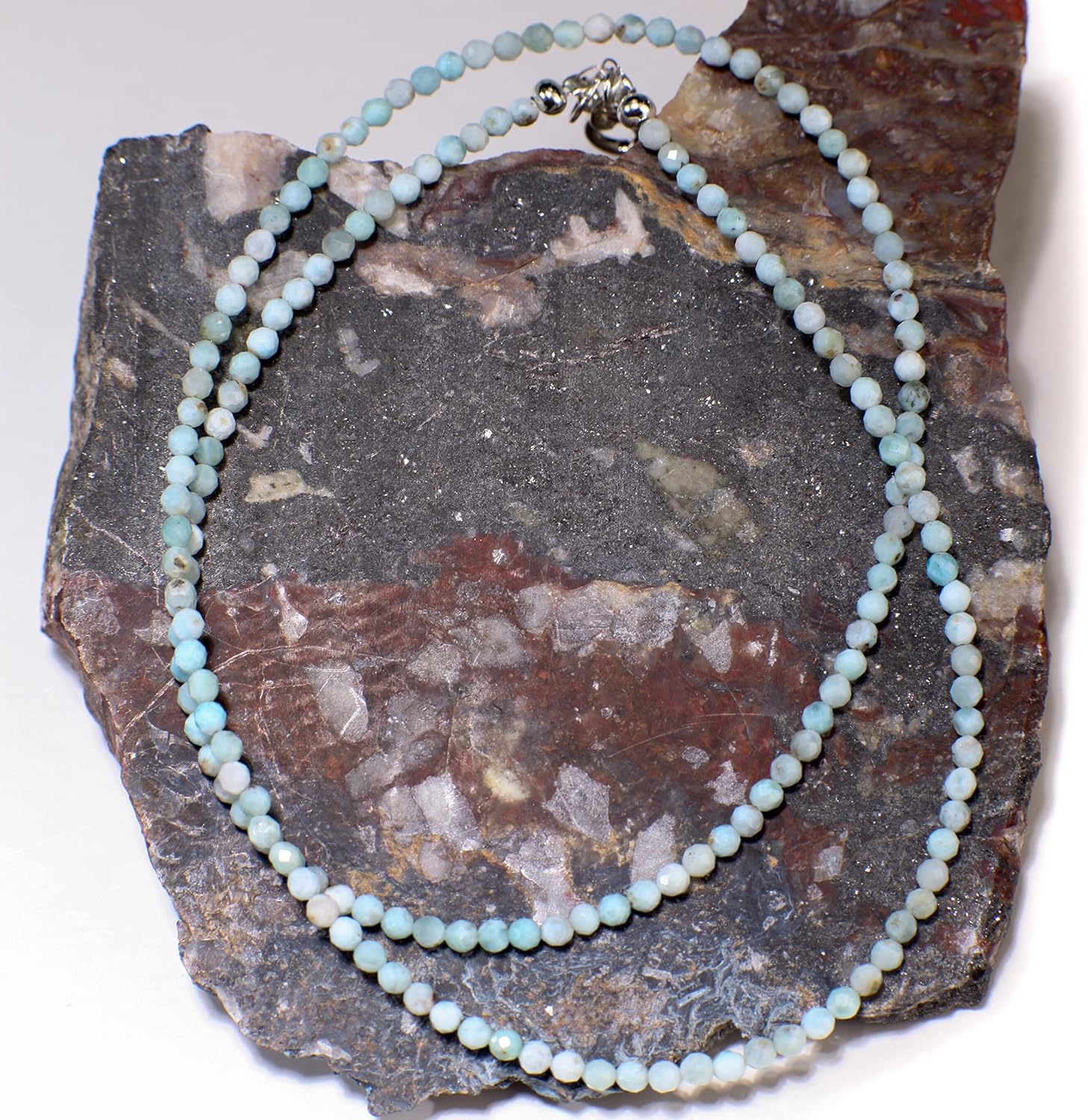Natural Larimar Faceted 2.5mm Rondelle Gemstone Choker, Layering Necklace in 925 Sterling Silver Chain and Clasp, Gift, Healing Gem