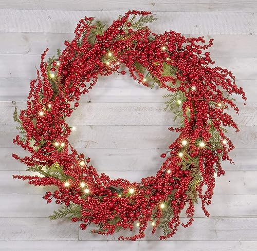 Vista 8 de Red Co. Corona de Navidad iluminada de 22 pulgadas con arándanos rojos, luces LED a pilas con temporizador