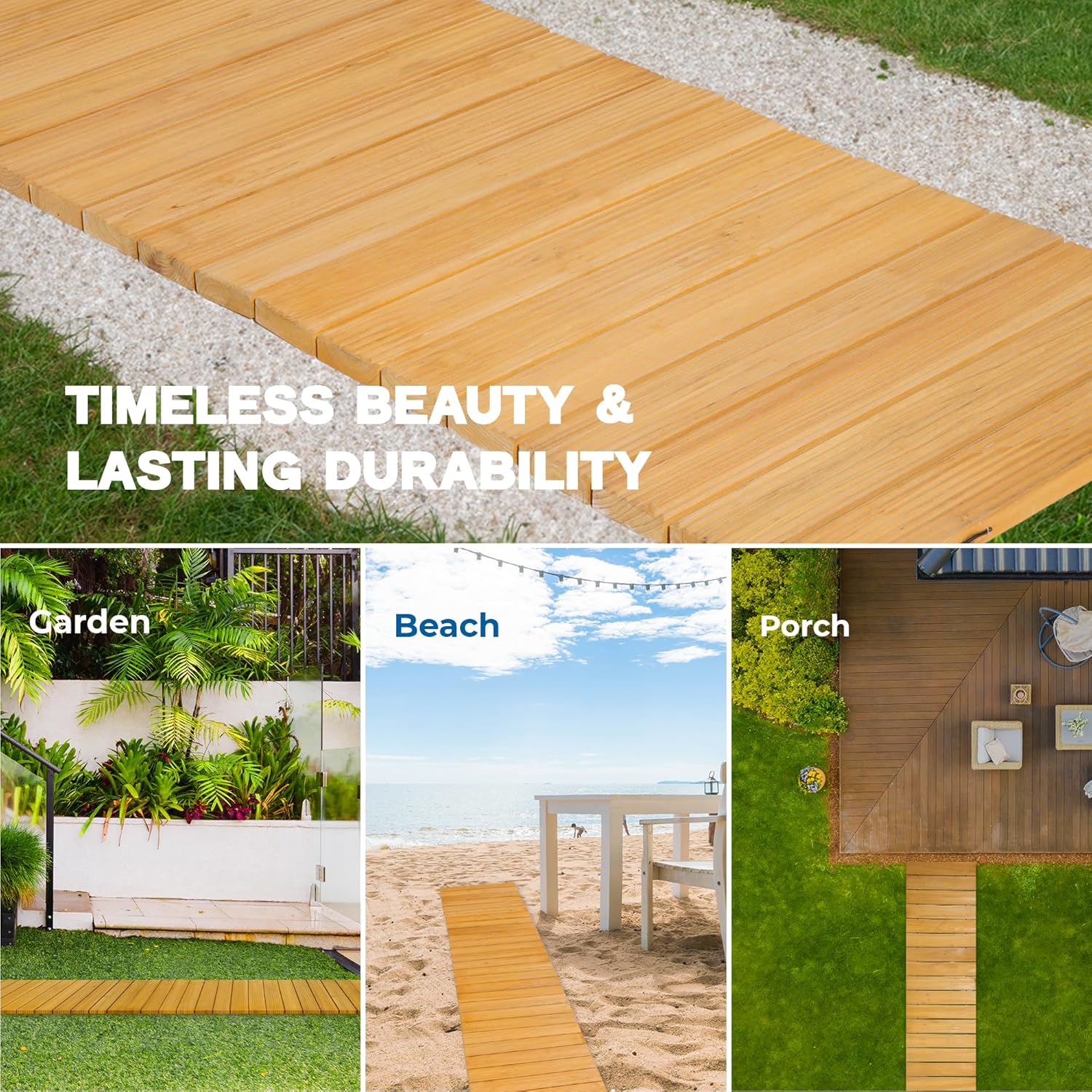 IDZO Wooden Garden Pathway 4 Times Reinforced Cord End, Anti-Slip Roll Out Walkway with Aging Resistant Rubber Spacer & Rustproof Steel Wire for Durable Use, Wooden Pathway for Outside, Beach, Patio