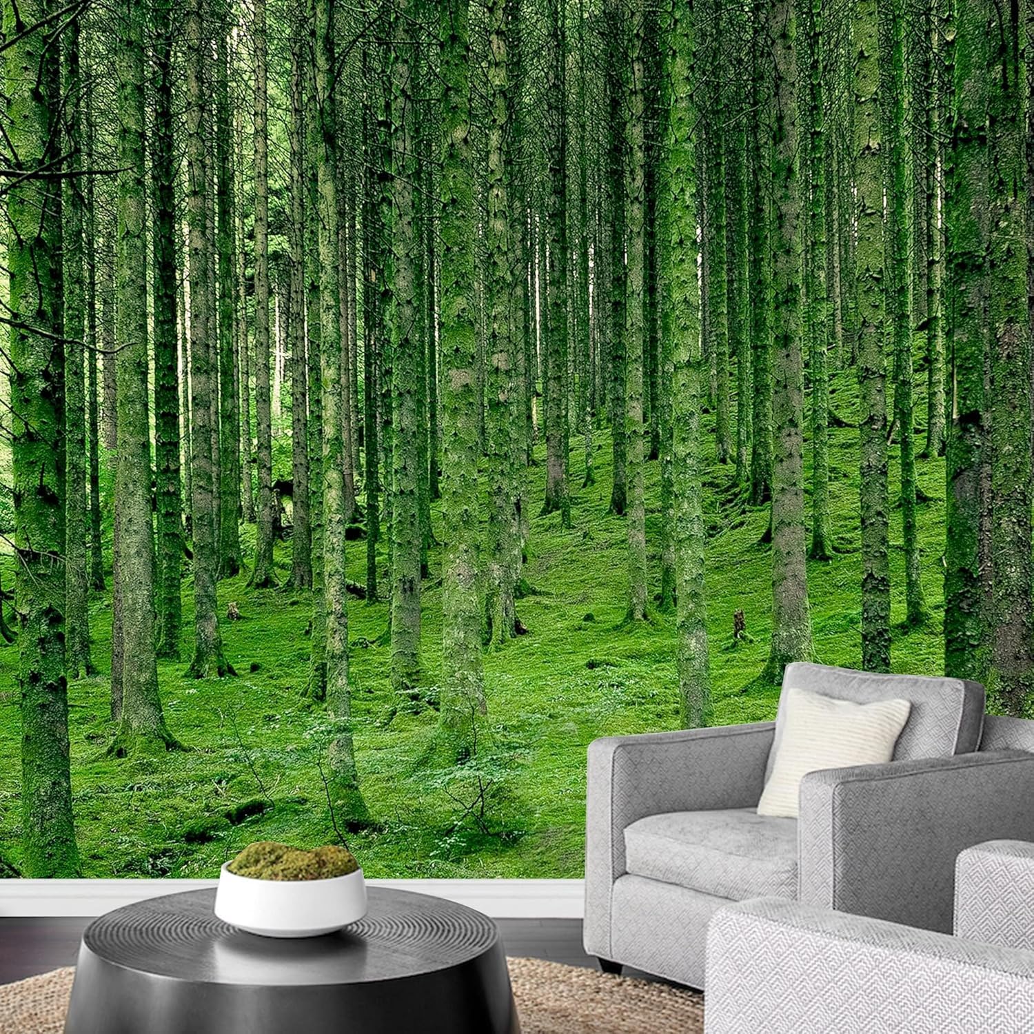 Papier peint panoramique forêt pour créer une ambiance nature et zen dans le salon