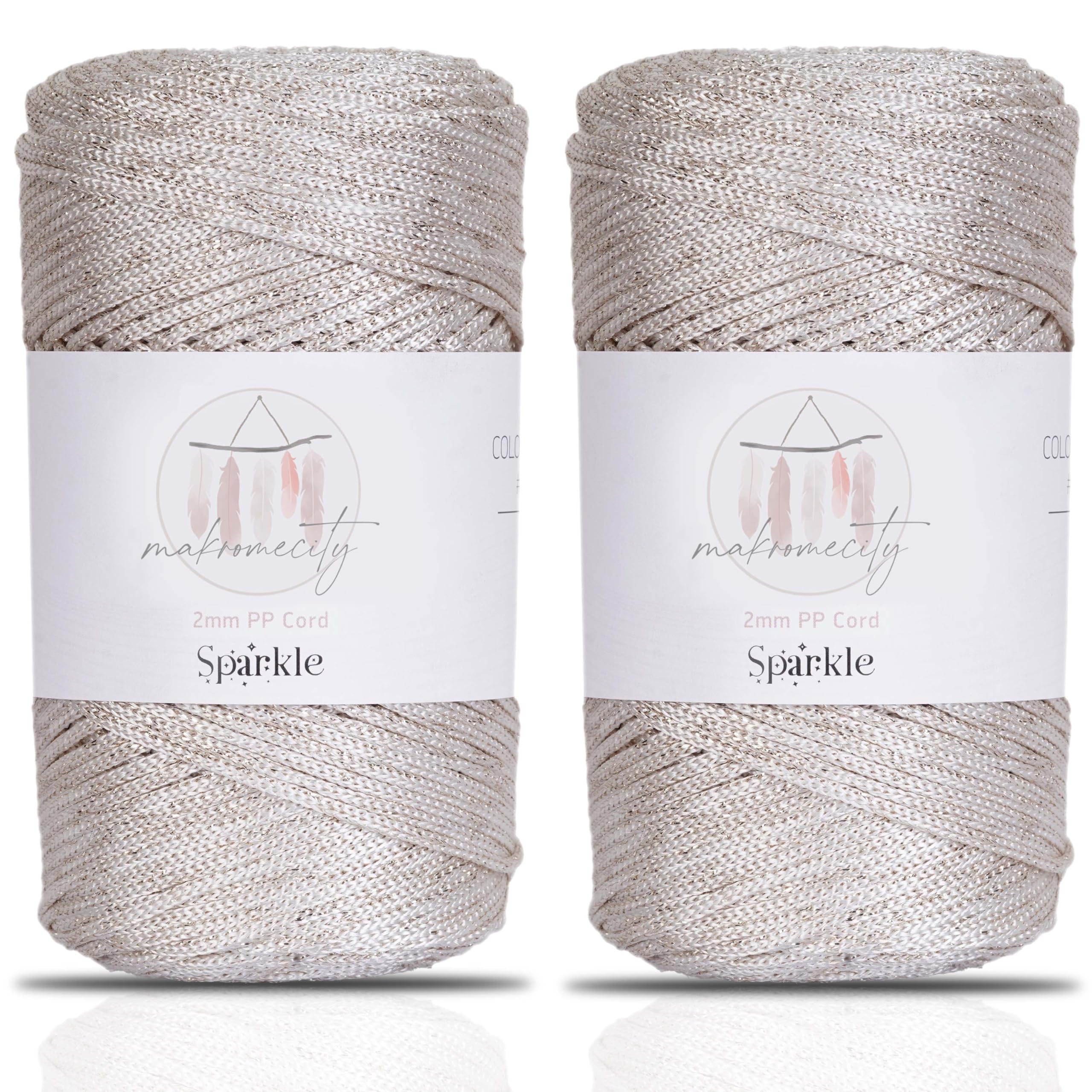 Makromecity 2 Skeins Sparkle Polyester Macrame Cord 2mm x 750ft for Macrame Art & Crafts