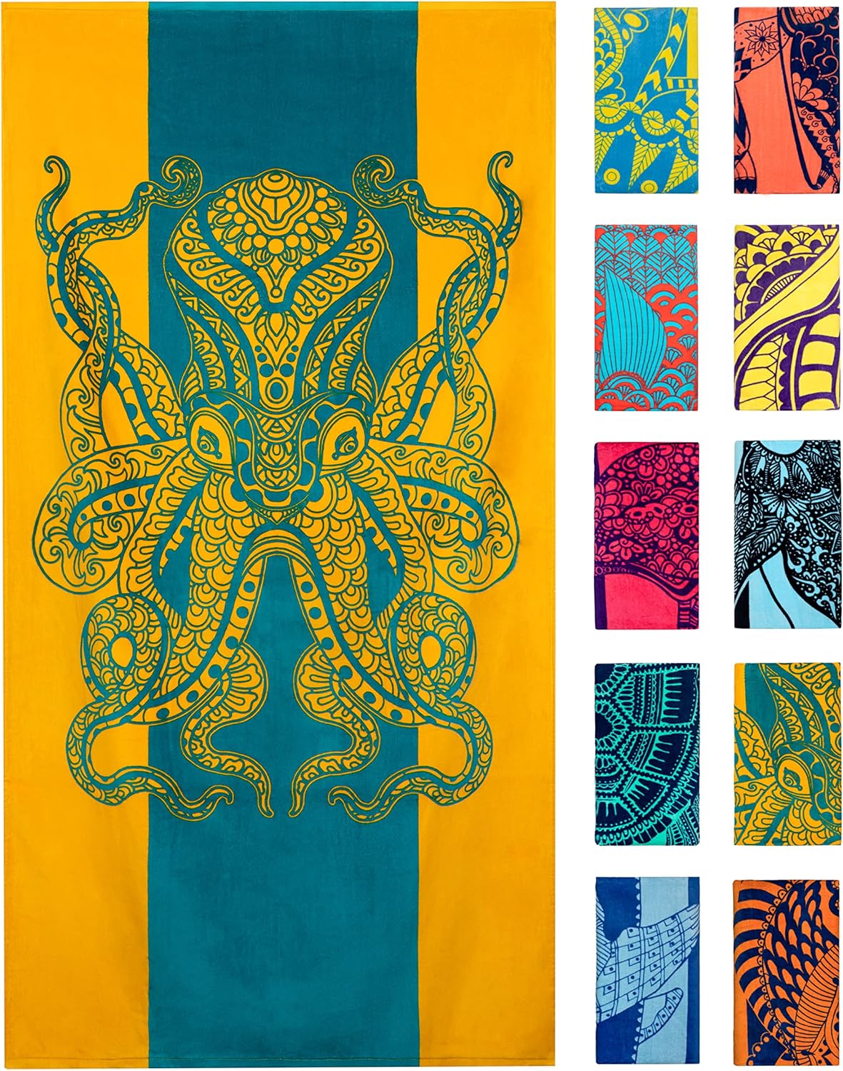 yellow and green beach towel with an octopus on it