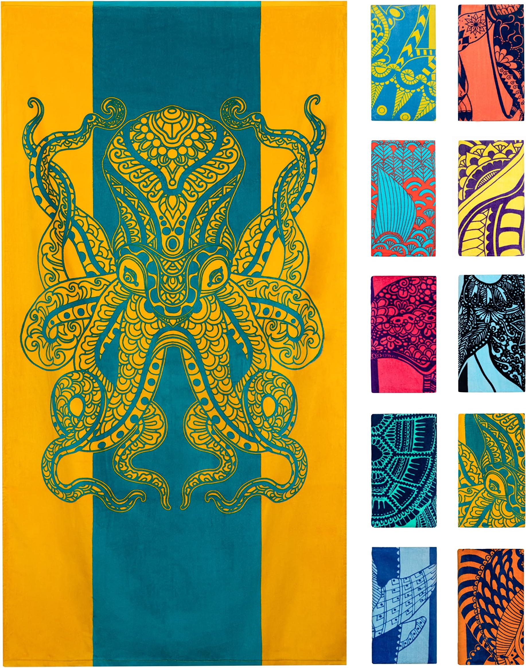 Nova Blue Octopus Beach Towel - Orange & Teal Colorway with Tropical Design - 34 x 63 Inch - 100% Cotton - Beach Towel for Adults