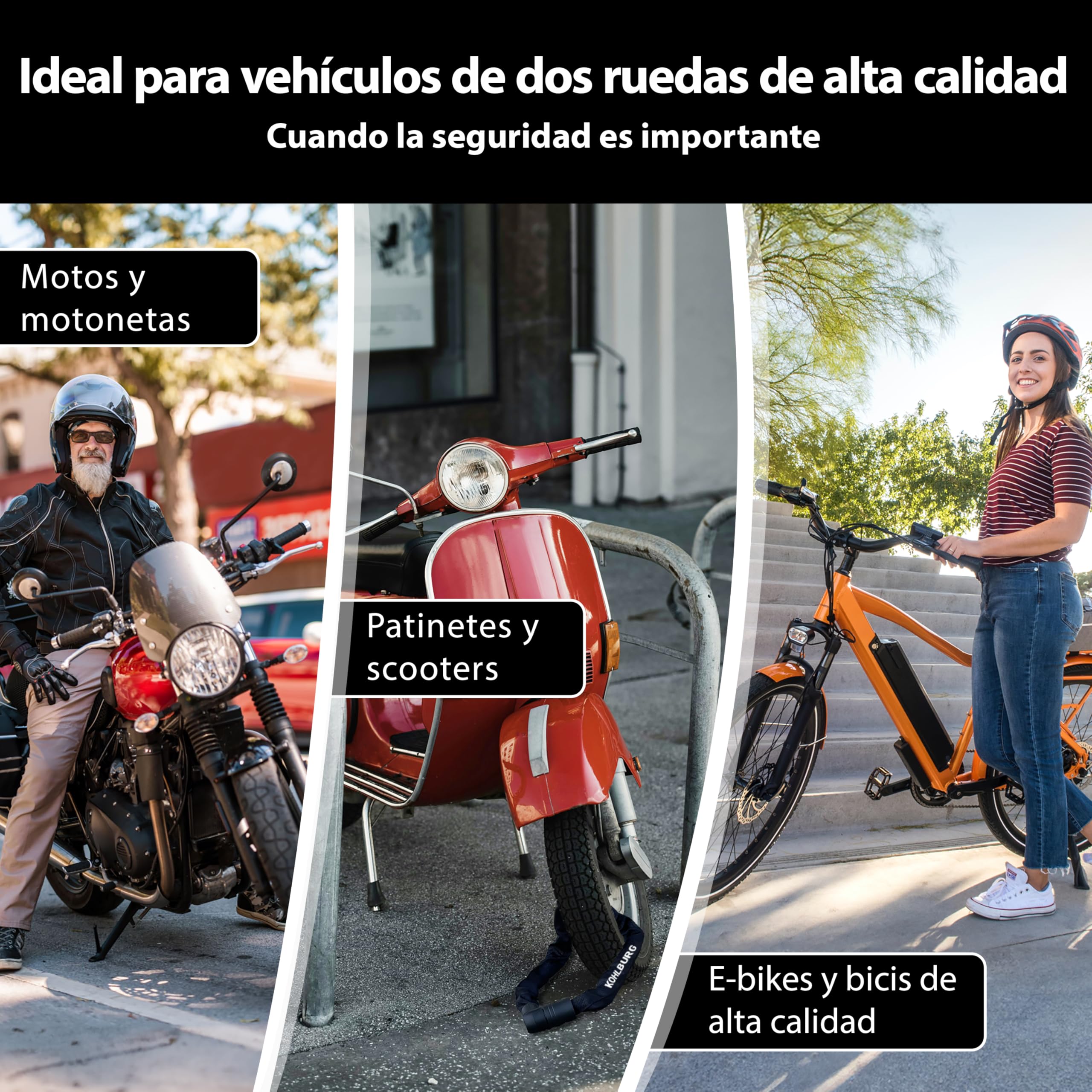 KOHLBURG Antirrobo de cadena maciza 125 cm [Resistente a cortapernos] Nivel de seguridad máximo 15 – Para moto scooter bicicleta eléctrica patinete eléctrico y bicicleta – Alta seguridad para 2 ruedas