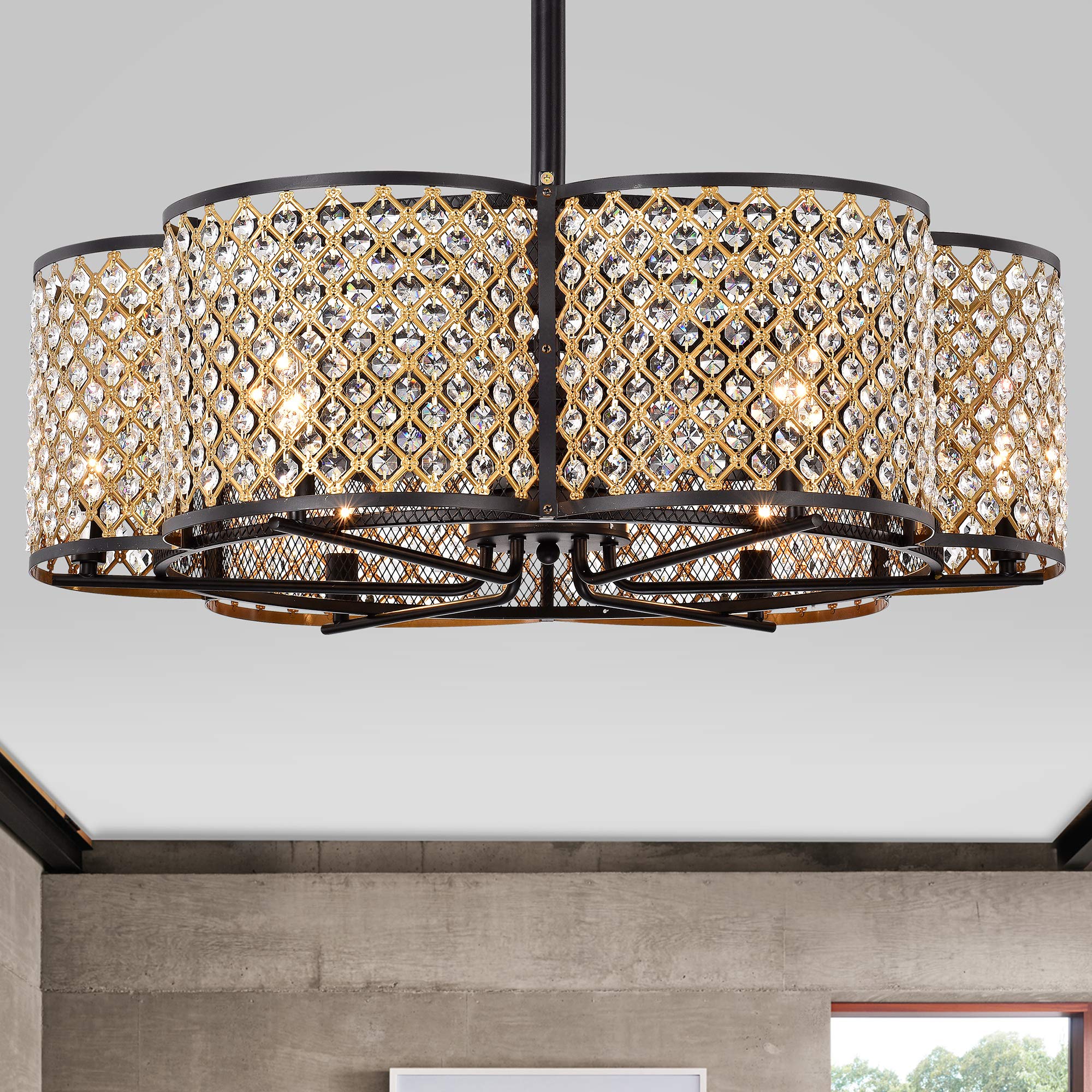 Warehouse of Tiffany CFL-8421BG Gracewood Hollow Kakutani 30-inch 6-Light Matte Black/Goldtone Crystal Fandelier Ceiling Fan, Gold