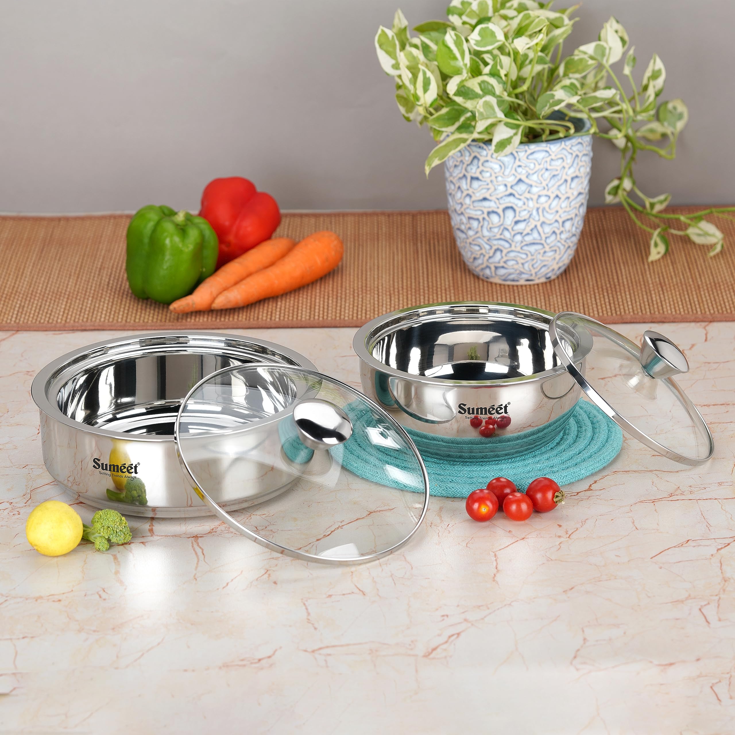 Sumeet Smart Serve - Set di 2 pentole isolanti in acciaio inox per sabji/sugo e roti/chapati da 1 l ciascuno, colore: argento