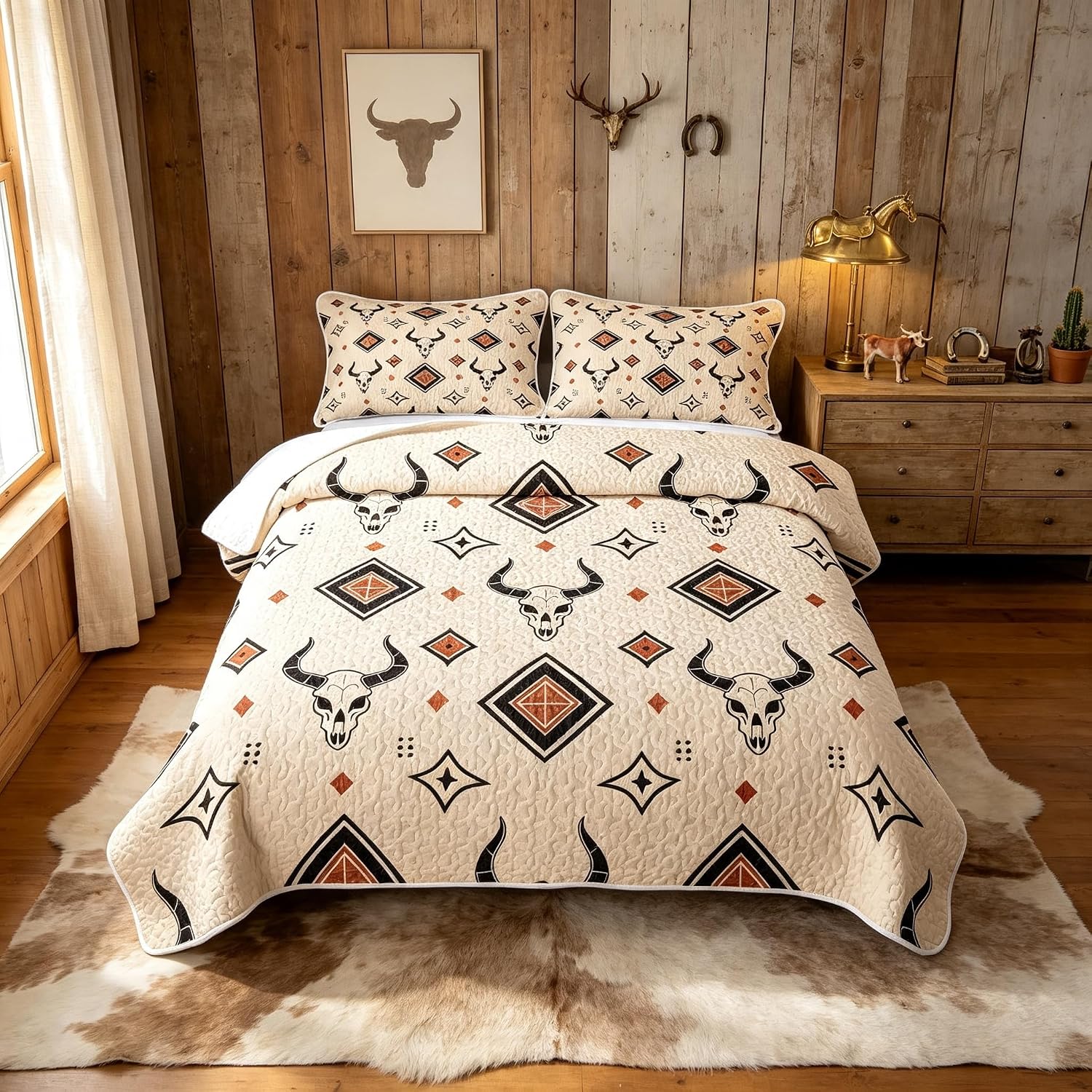 Feelyou Western Decor Quilt Sets Queen Size Cow Kids Boys Girls Quilts with 2 Pillowcases Soft Cow Bedspread Coverlet Set Lightweight Bedding
