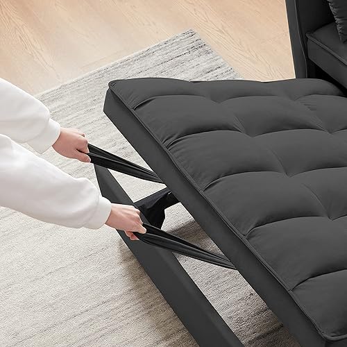 Miniatura 7 de Cama convertible de terciopelo de 52 pulgadas, sofá biplaza con almohadas y bolsillos para muebles de sala de estar, sofá cama, negro-J1