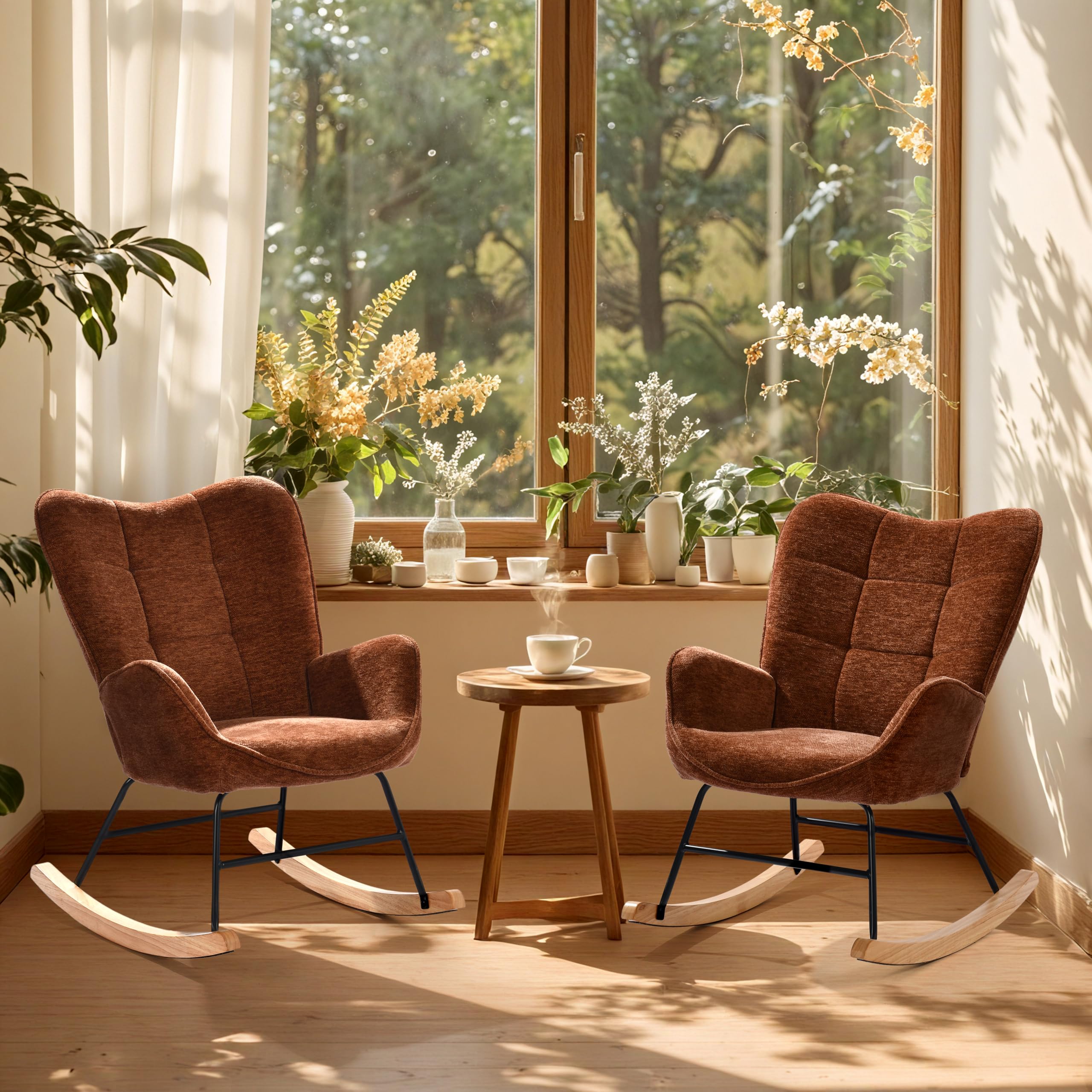MEUBLE COSY Sedia a Dondolo Poltrona Imbottita Relax con Braccioli Schienale in Tessuto con Gambe in Legno per Soggiorno Cameretta Balcone, Rosso, 62x75x87cm