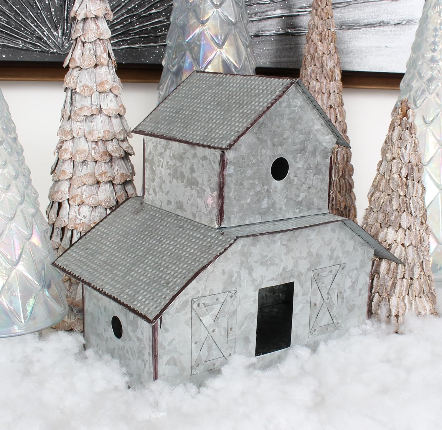 Tabletop Farmhouse Decor, Tin Houses, Christmas Display Barn 13 Inch Height X 14 Inch Width X 8.5 Inch Length Metal Galvanized Antique Gray