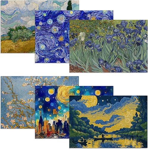 Juego de 6 manteles individuales estilo Van Gogh con acuarela, 12 x 18 pulgadas, manteles individuales de lino para cocina, comedor, decoración de