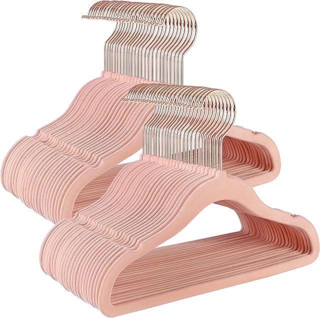 SONGMICS Baby Hangers, Pack of 50 kids Velvet Hangers with Rose Gold Hooks, Non-Slip Childrens Hangers for Clothes in Closet, Baby or Children's Coats, Light Pink CRF027P01