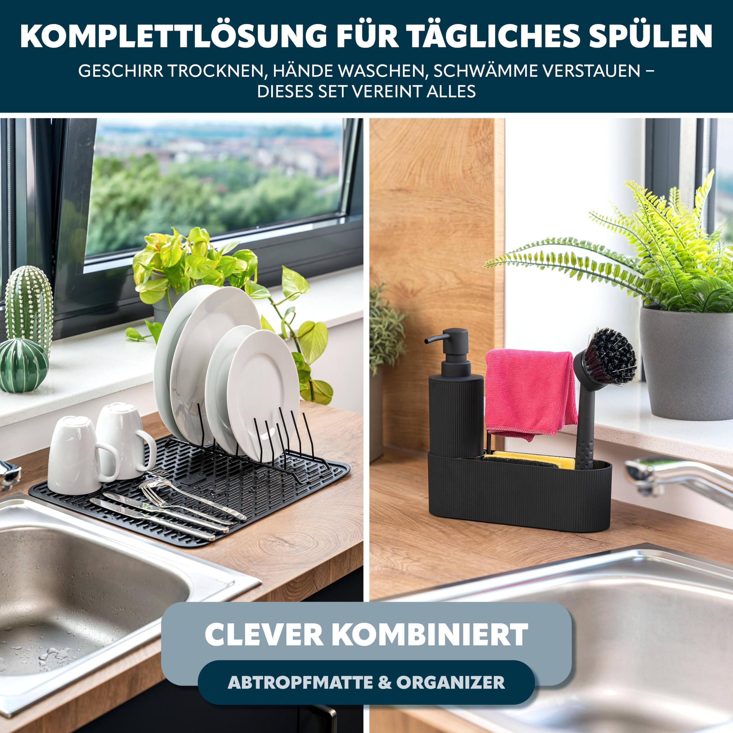 eluno Spül-Set 2er, bestehend aus Spülbecken-Organizer mit Soft-Touch Oberfläche und Abtropfmatte inkl. Abtropfgestell für 9 Teller, Geschirrspülset inkl. Seifenspender mit 350 ml Volumen, schwarz
