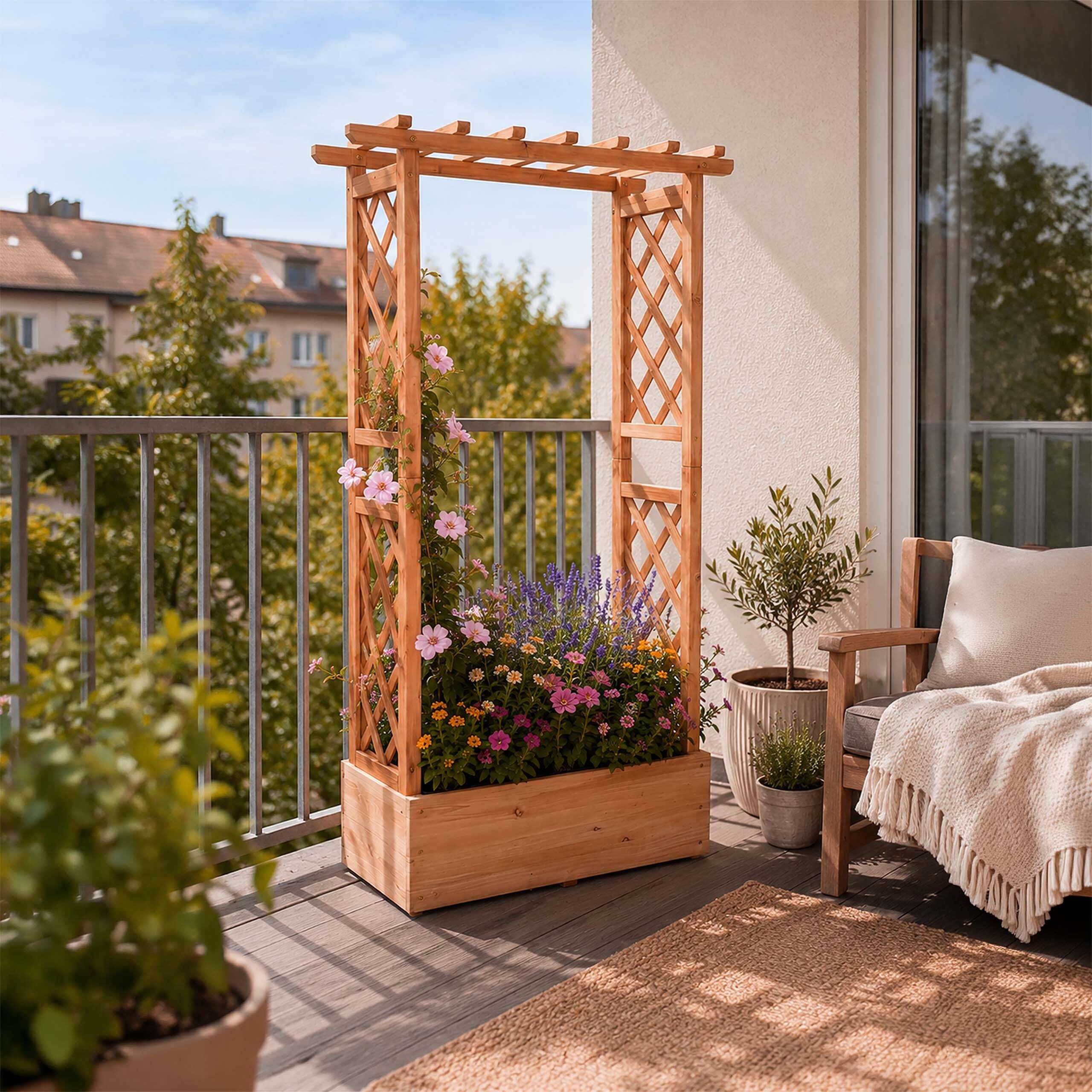 Jardinera Relaxdays con celosía y Techo, 114x100x44 cm, macetero para balcón y jardín, Madera, marrón