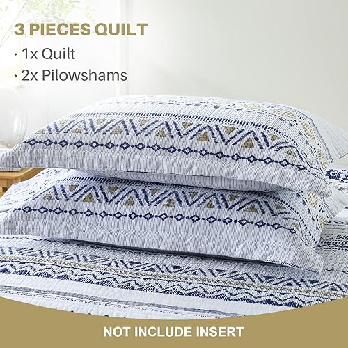 Miniatura 5 de Y-PLWOMEN Edredón King, 100% algodón, bohemio, tamaño King, a rayas blancas y azul marino, tamaño King, colchas bohemias ligeras y suaves para todas