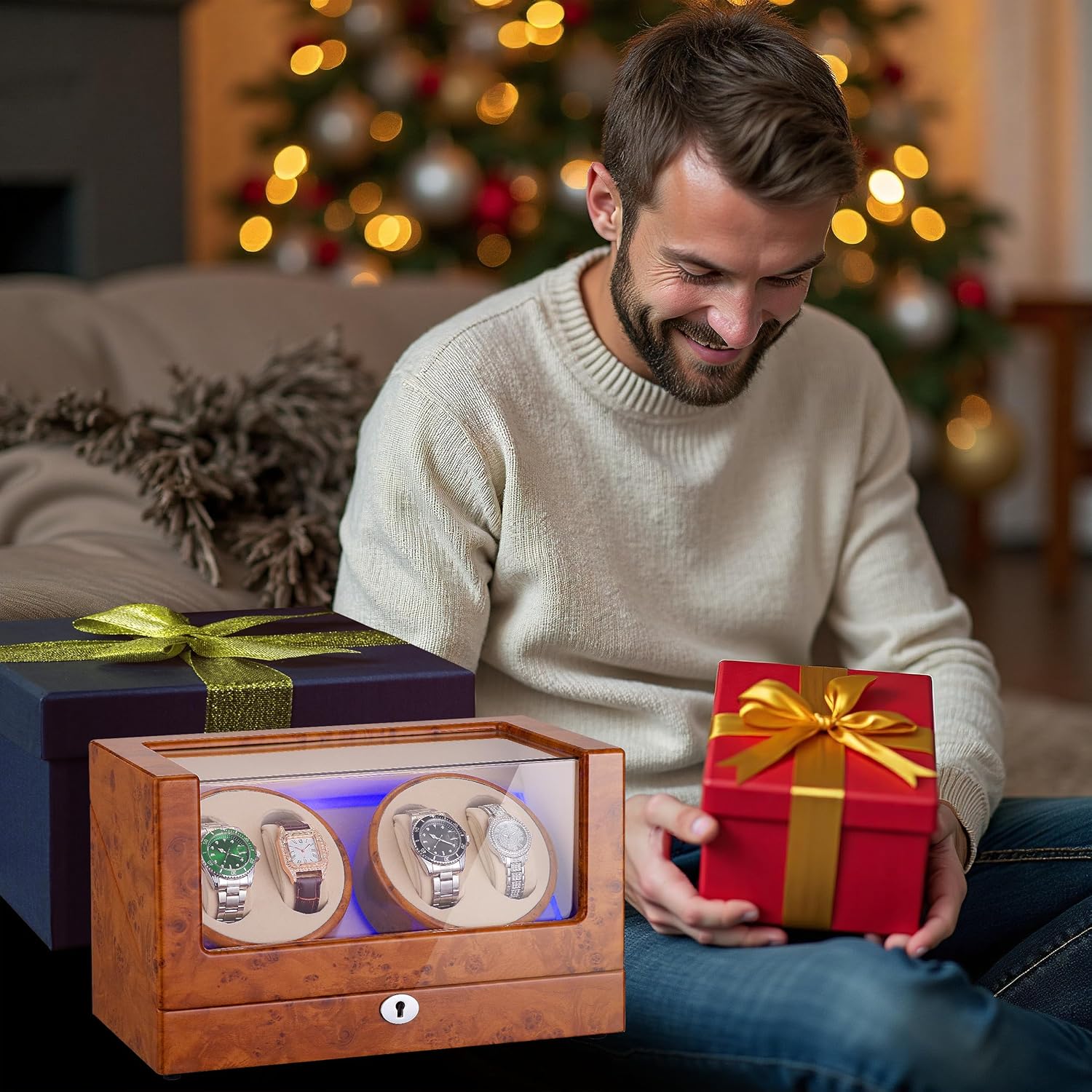 Watch Winders For Automatic Watches ，4 Watch Winder with Quiet Motor, Automatic Watch Winder With Led Light, Watch Winde for rolex,With Four Rotation Modes,Soft quality watch pillow，Best Gift (8.1)