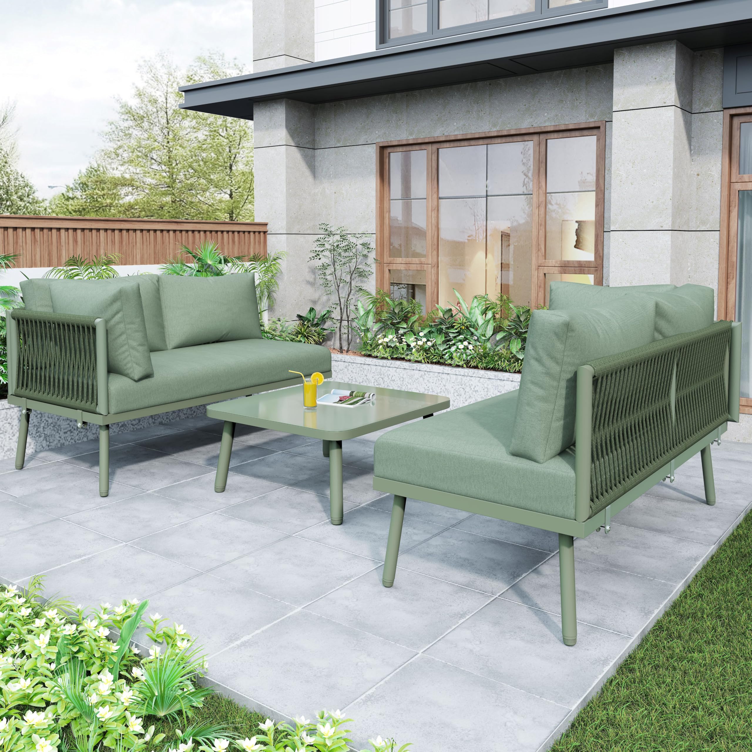 Zepneiy Set di mobili da giardino lounge per esterni, set di mobili da giardino a forma di L, con 2 divani e 1 tavolo, mobili da balcone, divano da giardino in ferro e corda verde, con cuscino di