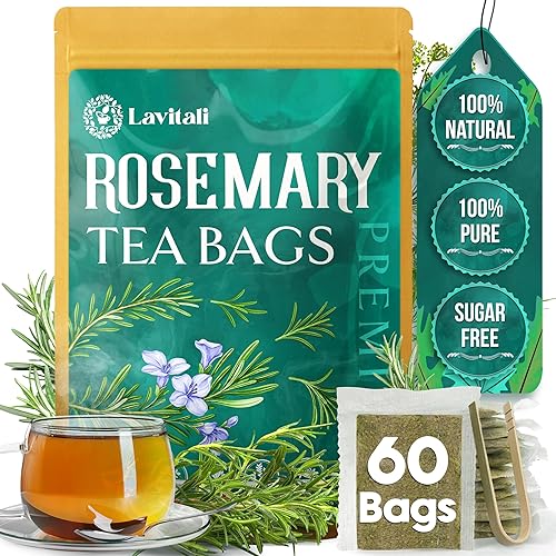 Lavitali, Bolsas de té de hojas de romero  60 bolsas, té de hierbas 100% puro  Sin cafeína, sin azúcar, bolsas de filtro ecológicas  Infusión de
