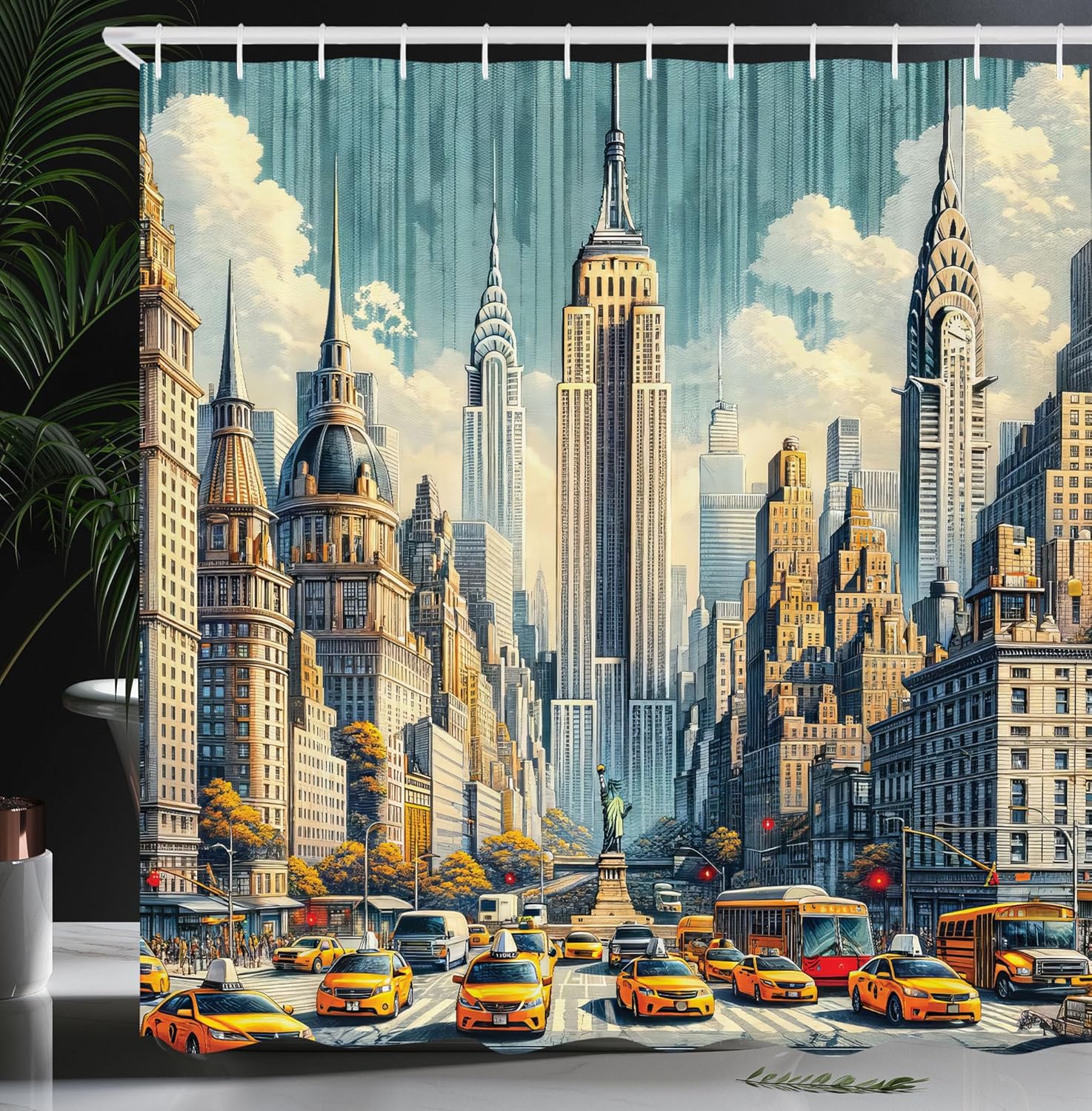 Ambesonne Urban Art Shower Curtain, Big City Scene Rush Hour Taxi Cars Skyscrapers NYC Street Inspired, Cloth Fabric Bathroom Decor Set with Hooks, 69" W x 84" L, Orange Ecru Cadet Blue