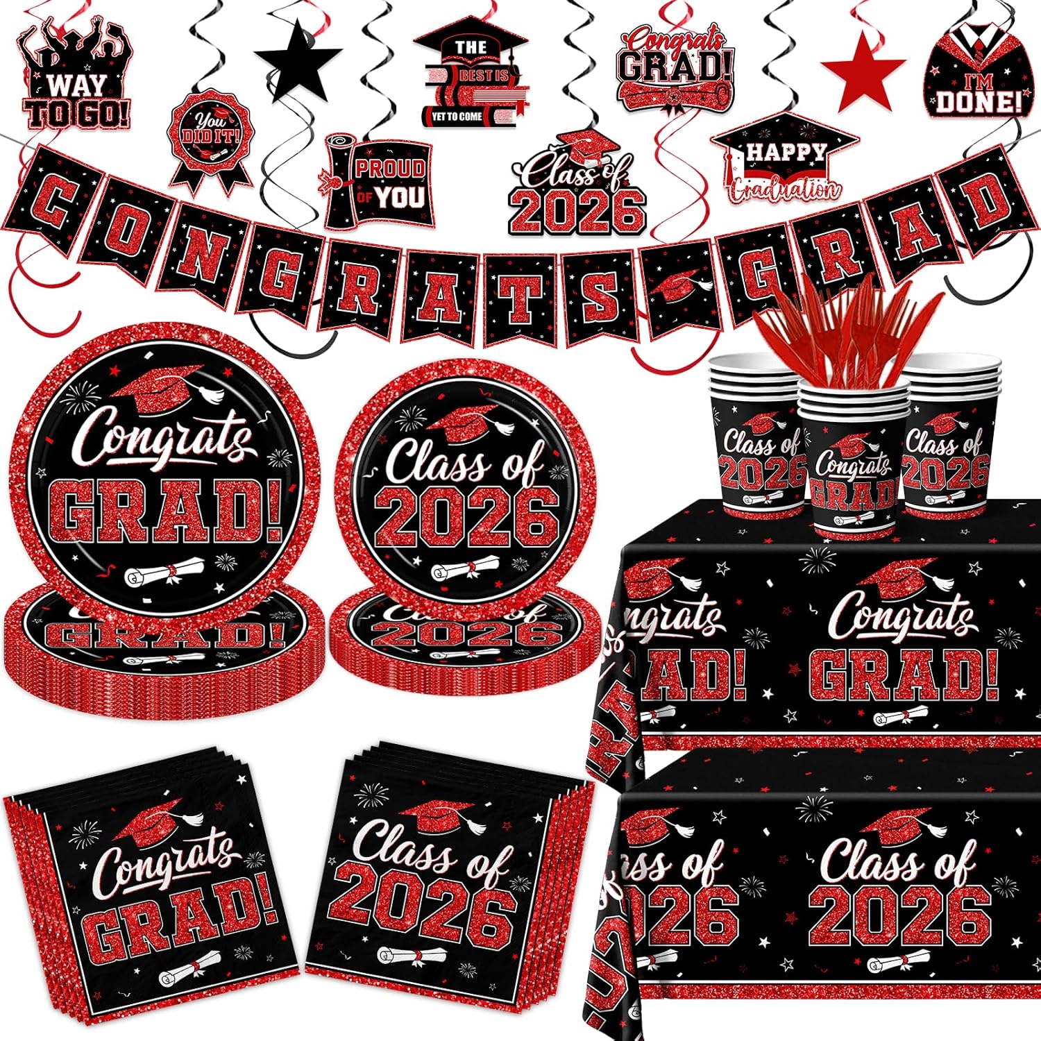 Graduation Decorations Red Class of 2026 Graduation Party Supplies Kit Serves 25 2026 Graduation Party Decorations Tableware Plates and Napkins for Congrats Grad Party Decor (Black-Red)