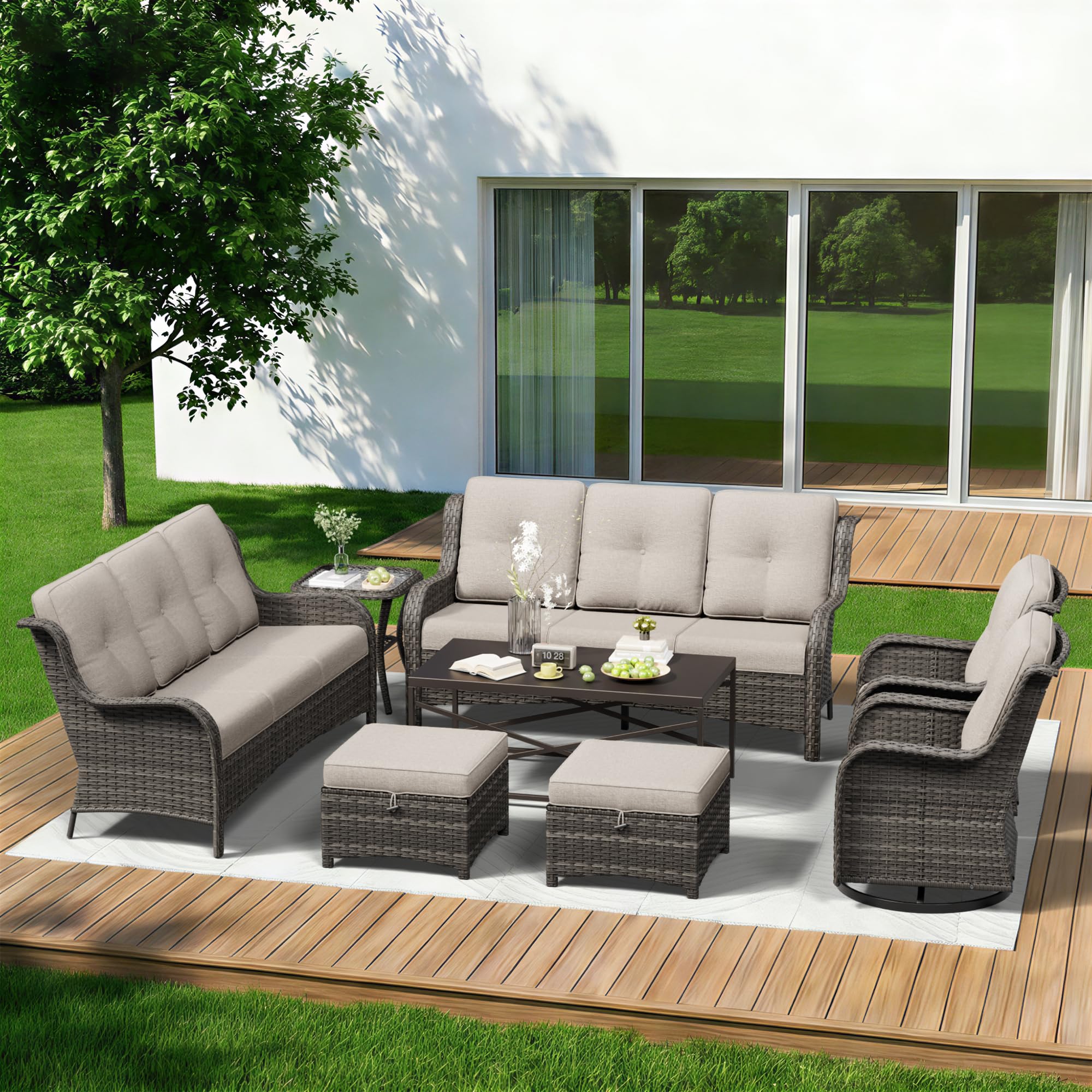 8 Piece Outdoor Wicker Patio Furniture Set, Outdoor Swivel Rocker Patio Chairs Set with Thickened Olefin Cushions, High Back and Deep Seating, Hand-Woven PE Rattan for Porch, Deck
