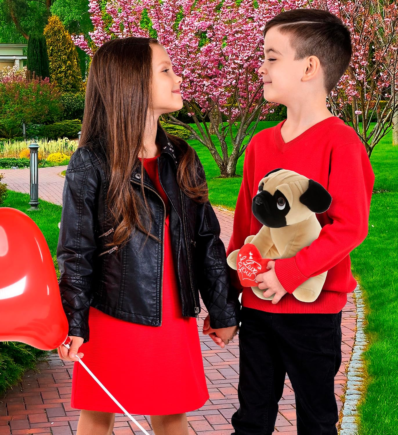 DolliBu I Love You Valentine Plush Big Eye Pug Dog - Cute Stuffed Animal with Red Heart and Name Personalization Gift for Valentines Day, Birthday, Anniversary, Romantic Date - 8 Inches