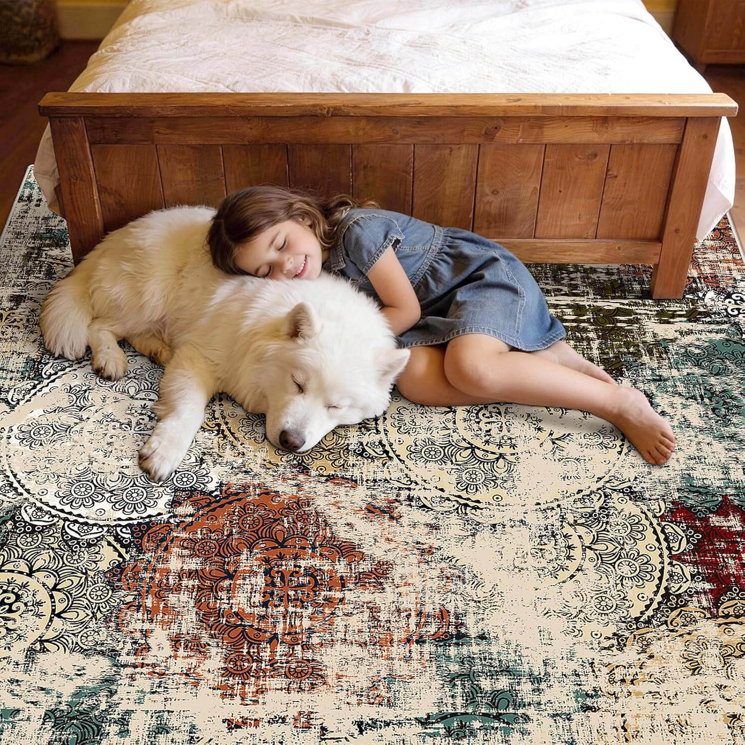 7x7 Square Indoor Area Rugs: Modern Washable Thin Low Pile Floor Carpet for Kitchen Living Room - Abstract Non-Slip Stain Resistant Soft Rug for Bedroom Home Decor (7'ft Red Green Multi)