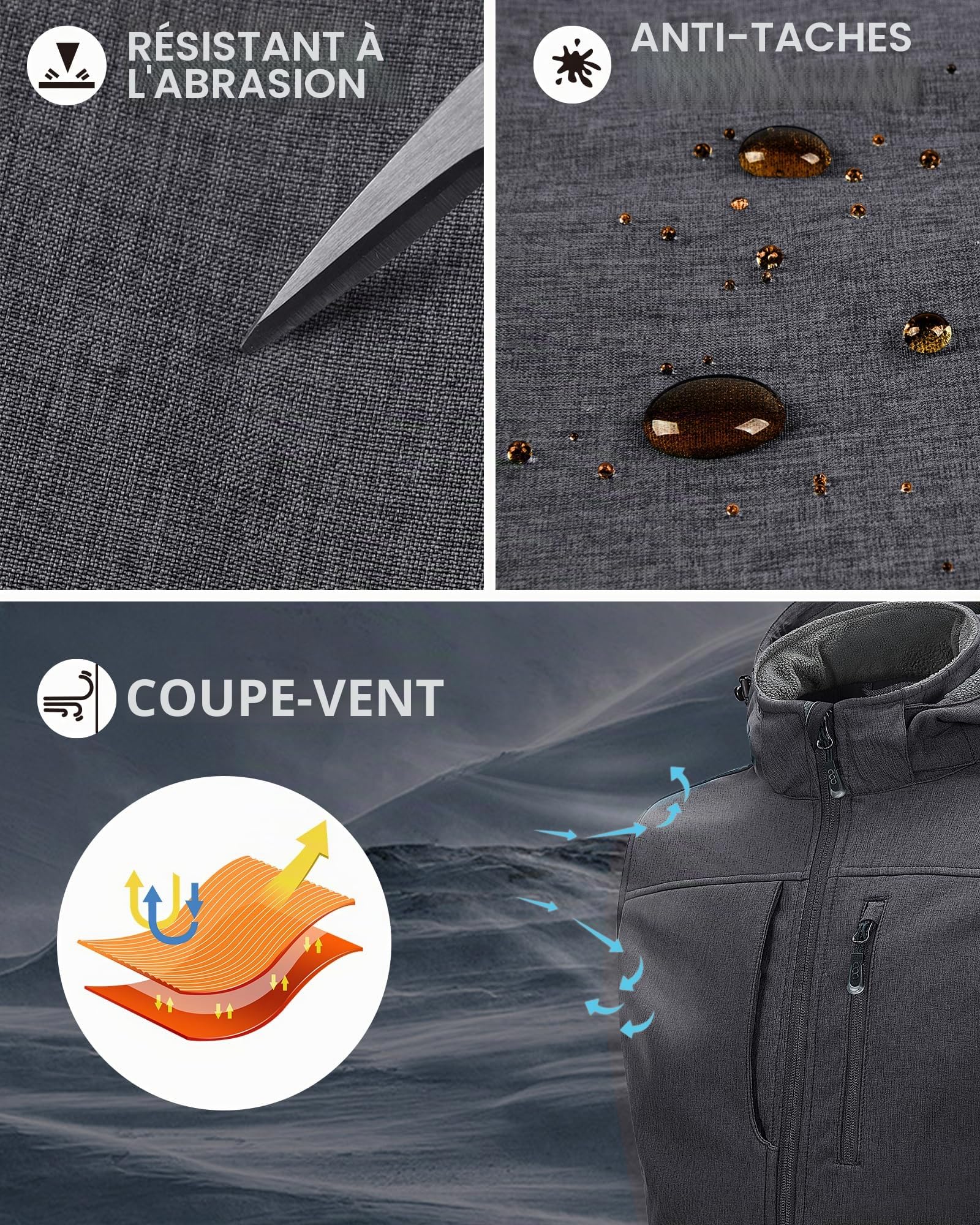 33,000ft Gilet softshell imperméable sans manches pour homme - Gilet polaire avec capuche - Fermeture éclair intégrale, XL