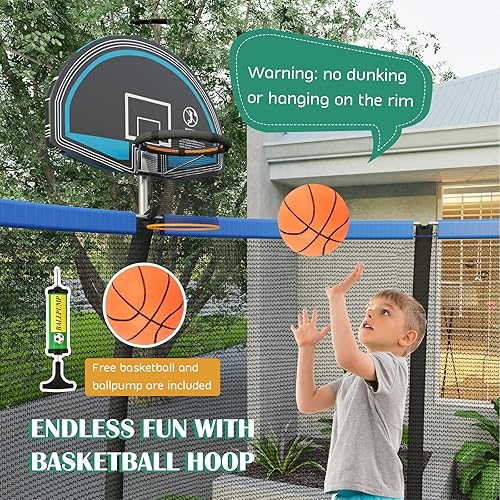 Miniatura 4 de Giantex Trampolín con aro de baloncesto, 8, 10, 12 pies, aprobado por ASTM para todo tipo de clima, cama elástica grande con red, escalera, cama