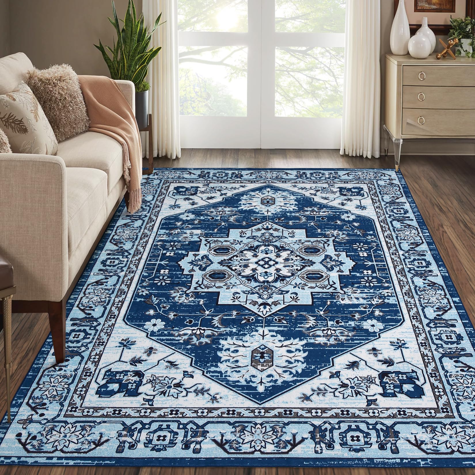 GARVEE Washable Area Rug Boho Area Rug 4x6 Indoor Vintage Area Rug Bedroom Rug Oriental Area Rug Retro Accent Rug Non-Slip Low Pile Area Rug for Living Room Bedroom Dining Room, 8’ Blue