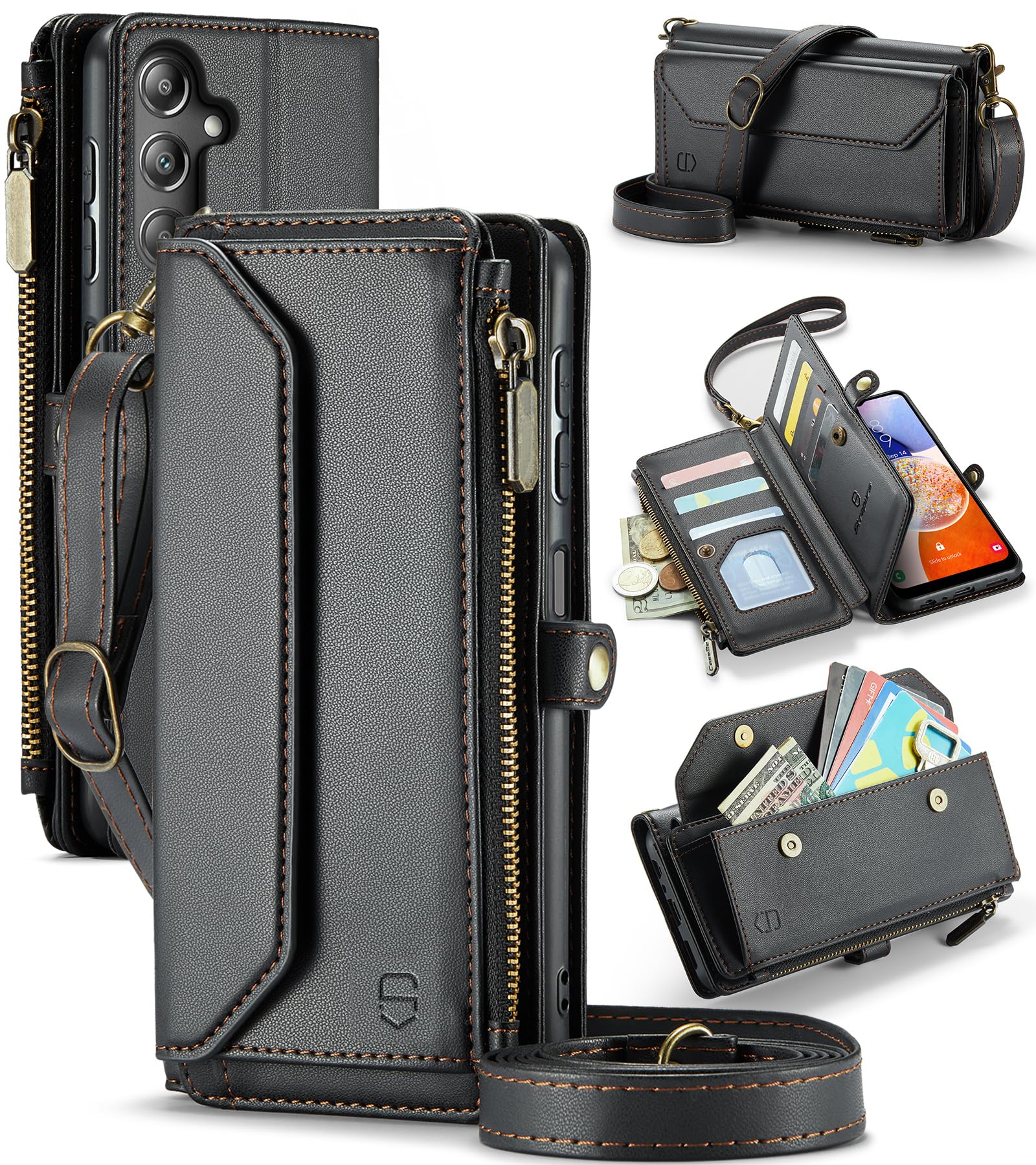 Strapurs Crossbody for Samsung Galaxy A14 5G Wallet Case?RFID Blocking? with 10-Card Holder Zipper Bills Slot, Soft PU Leather Magnetic Shoulder Strap for Galaxy A14 Phone Case Wallet for Women,Black