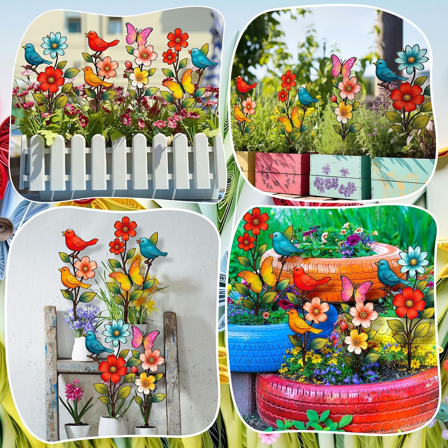 4 Pack Garden Decor for Outside Metal Flowers Garden Stakes Spring Decor 15'' Decorative Colorful Flowers Birds Butterfly Yard Art Rust Proof Plant Sticks for Yard Lawn Pathway Patio Outside