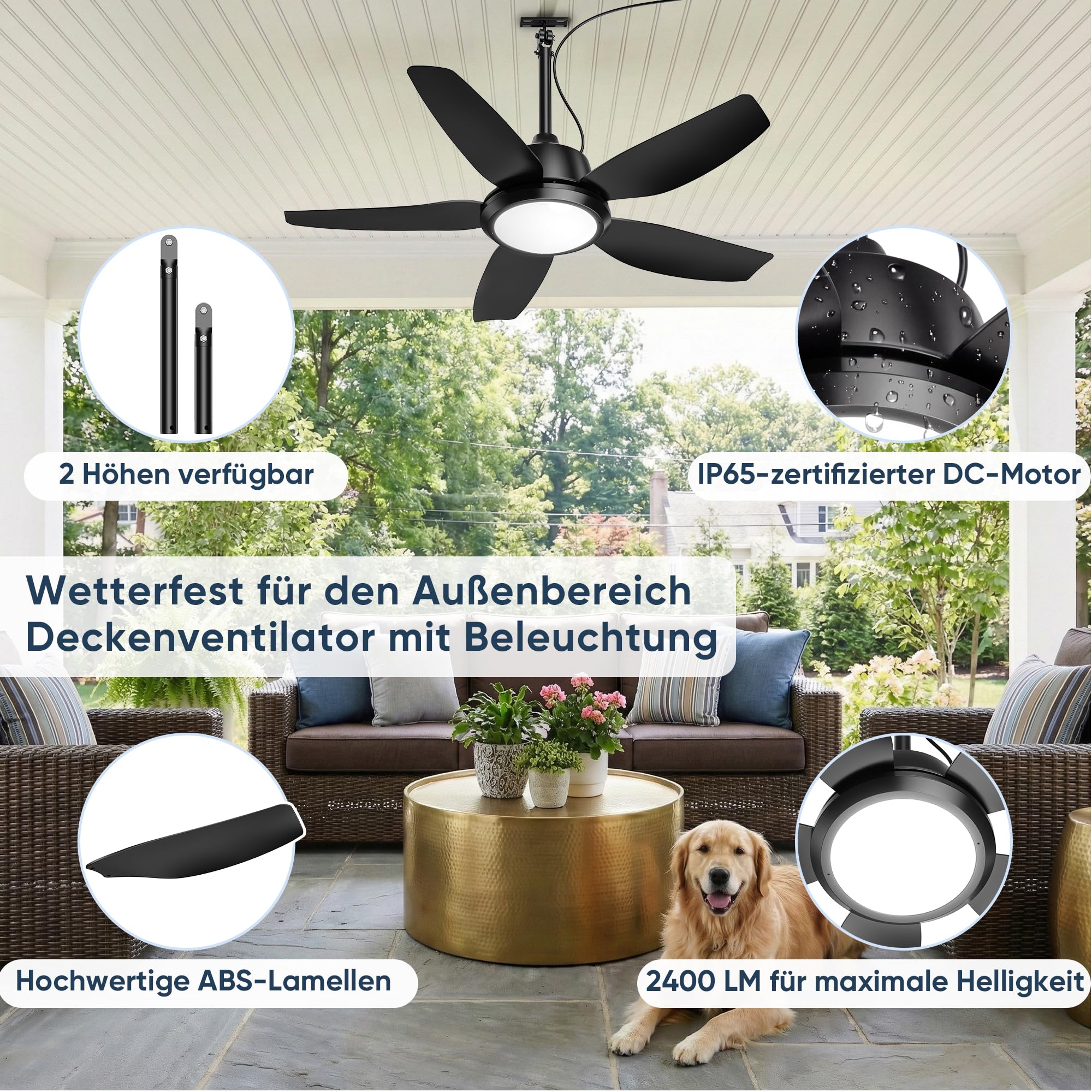 ROTTOGOON 106cm Deckenventilator mit Beleuchtung und Fernbedienung, IP65