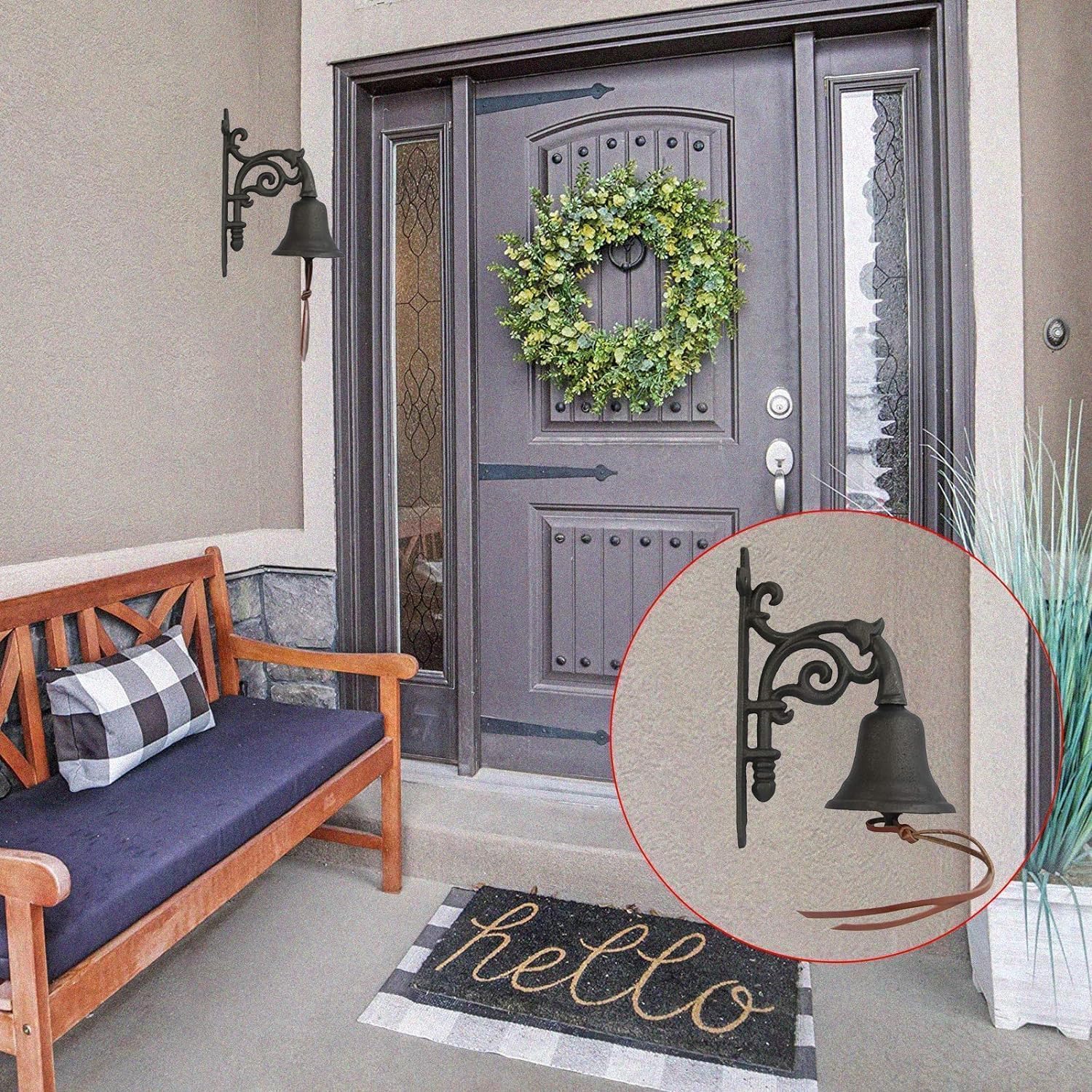 TIST Iron Door Knocker Vintage Cast Iron Dinner Bell Entry Door Knock Wall Mounted Bell with Leather Belt Exterior Door Ring Knocker Surface-Mounted Installation