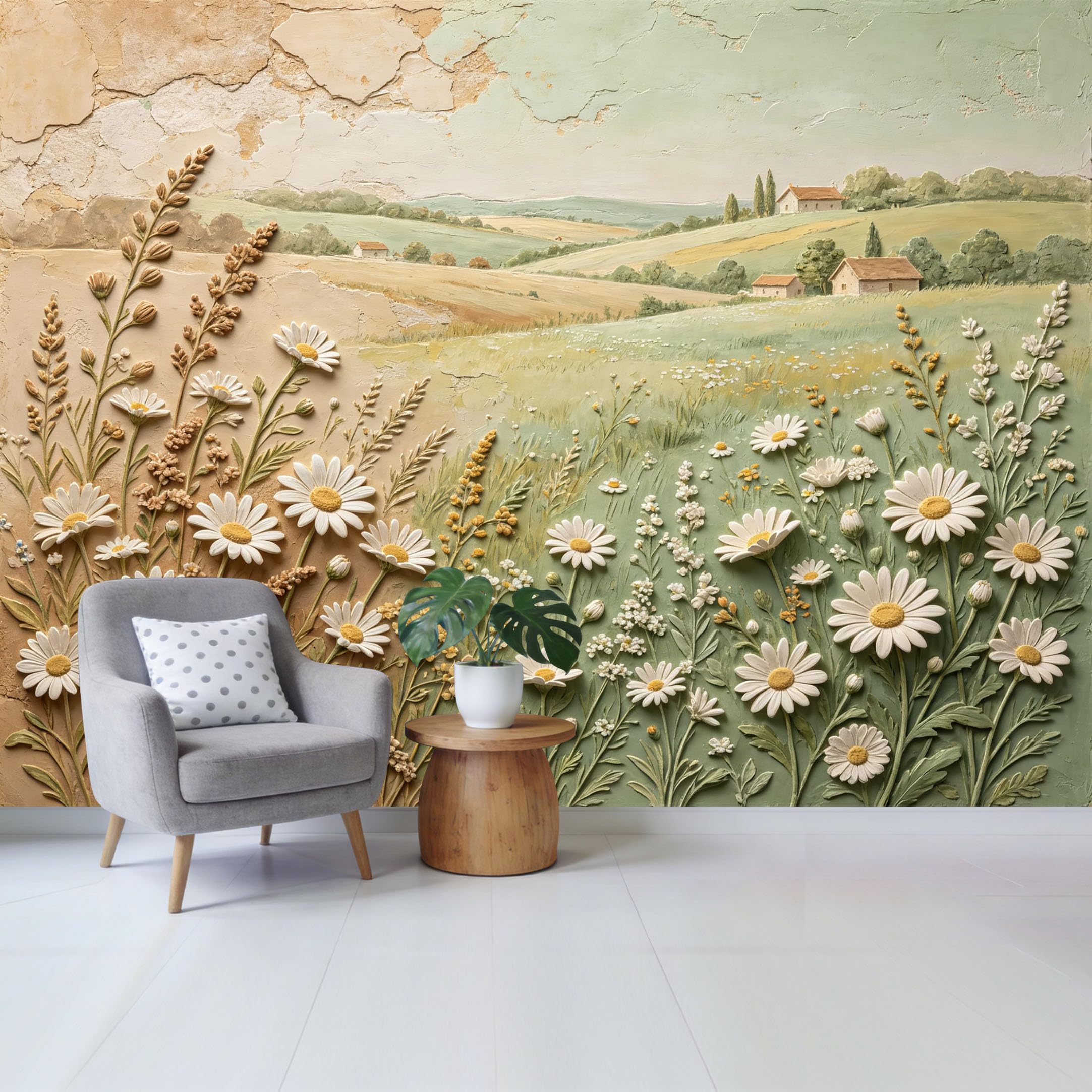 Qzlithotic Yq2605251156 Custom Size Wall Mural Rustic Daisy Field Landscape Farmhouse Oil Painting Textured Wall Art Selfadhesive Wall Fabric Removable Wallpaper For Home Office Decor