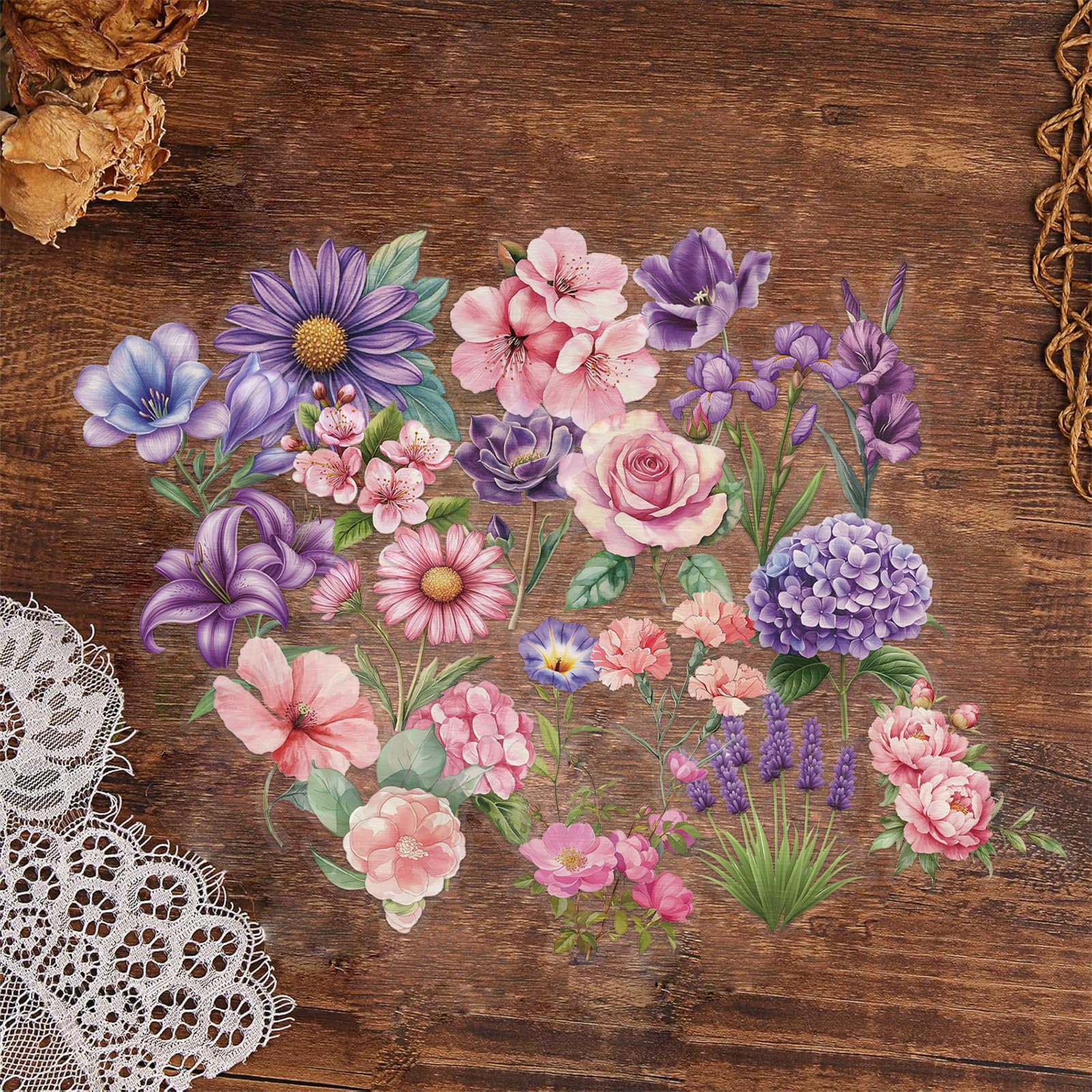 100PCS Victorian Transparent Stickers Pack,Aesthetic Retro Victorian Women Decor for Laptop Gifts for Kids Teens Adults Waterproof Vinyl PET Vintage Stickers for Scrapbook Phone Bike Party Favors: 100PCS Cute Flower Transparent Stickers Pack,Aesthetic Pink and Purple Flower Decor for Laptop Gifts for Kids Teens Adults Waterproof Vinyl PET Nature Stickers for Notebook Phone Bike Party Favors