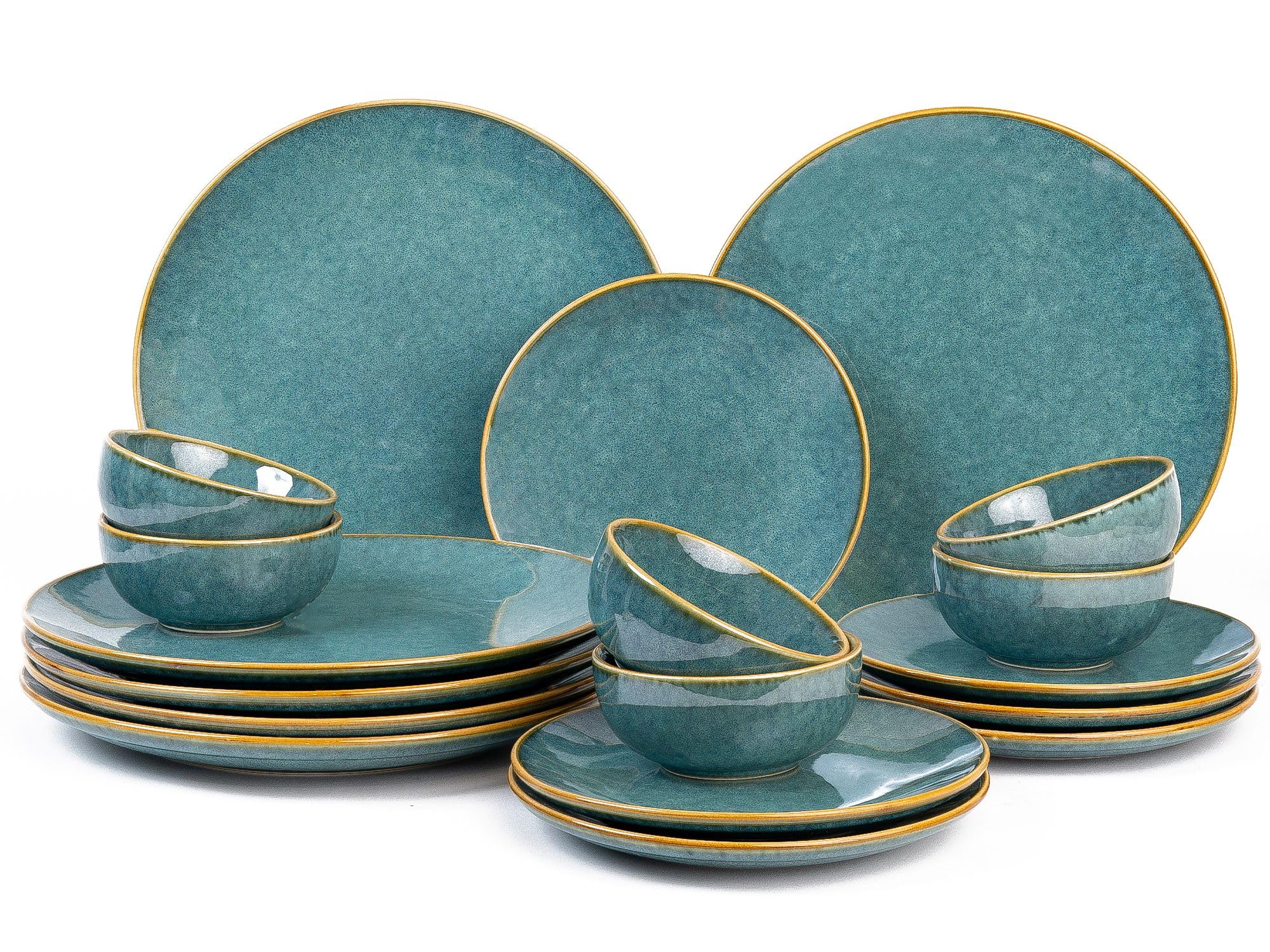 Bodhi House Handcrafted Stoneware Reactive Glaze Ceramic Dinner Set, 18 Pieces Serving for 6, Microwave and Dishwasher Safe, Bone-ash Free, Crockery Set for Dining and Gifting, Ocean Green