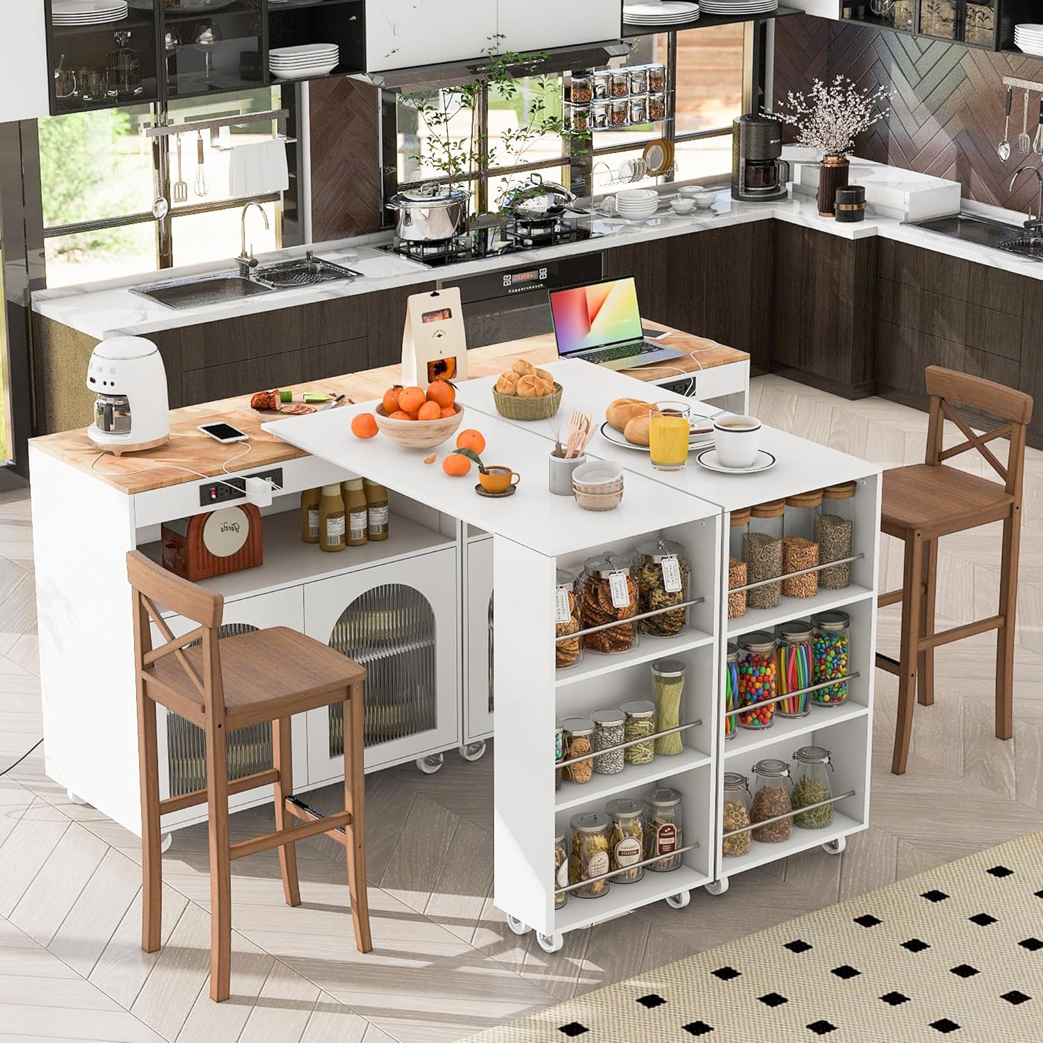 Rolling Kitchen Island With Extended Table, Kitchen island on Wheels with LED Lights,Power Outlets and 2 Fluted Glass Doors, Kitchen Island with a Storage Compartment and Side 3 Open Shelves,White