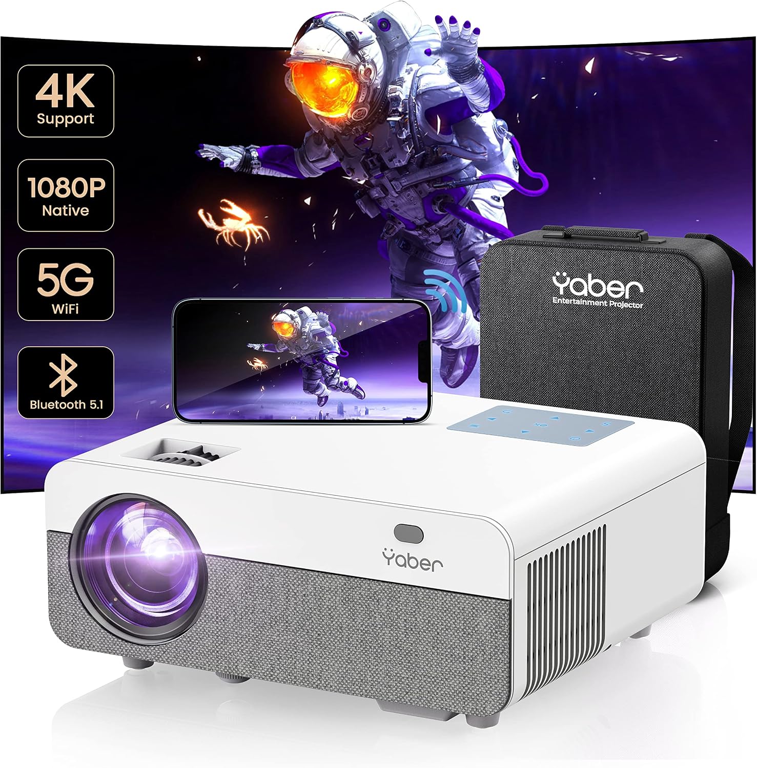 5G WiFi Bluetooth Projector, YABER Pro Y9 18000L 480 ANSI Native 1080P Projector 4K Support, Outdoor Movie Projector Max 500" 4P/4D Keystone 50% Zoom Full Sealed Projector for phone[Screen Included]