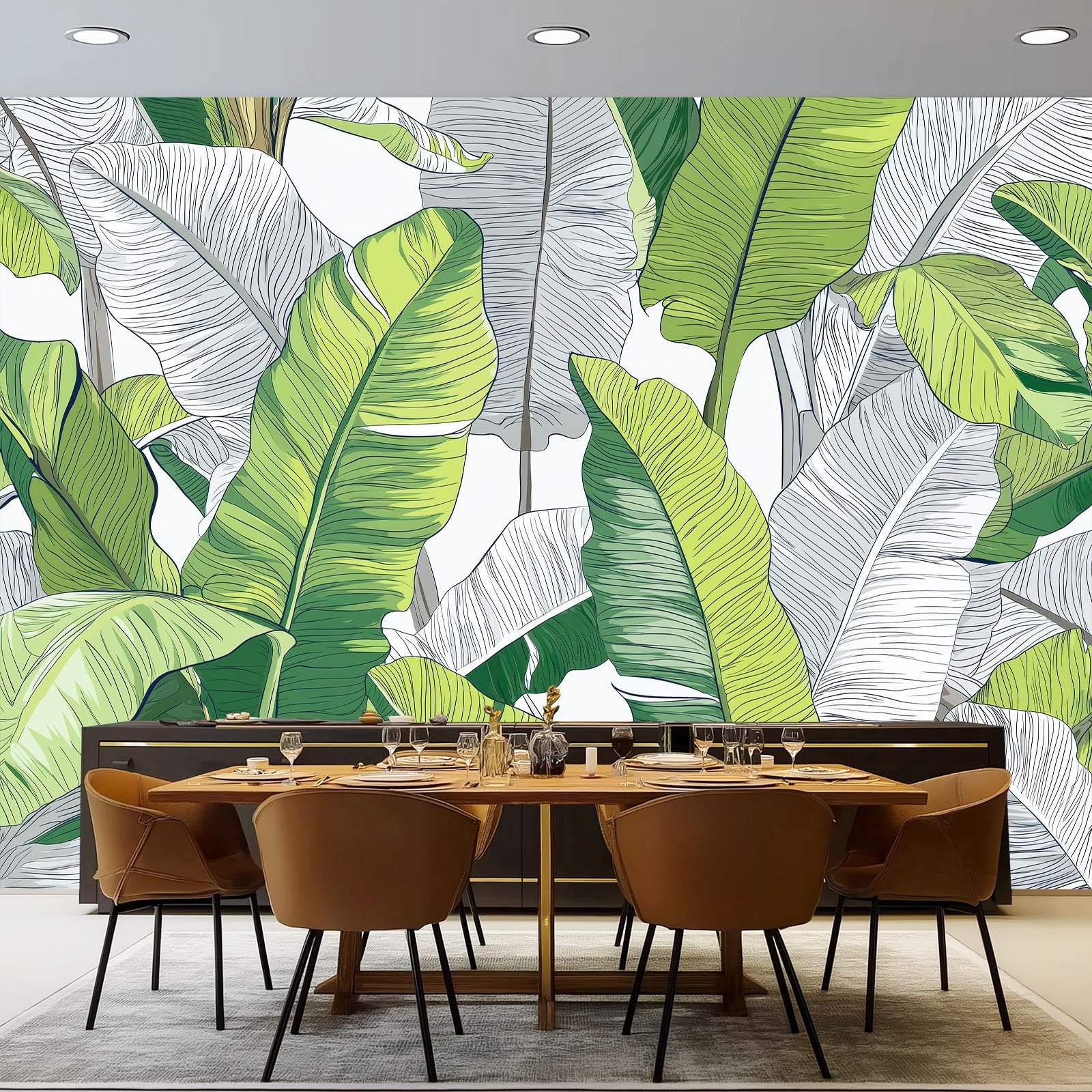 Fototapeta 300 x 210 cm ściany dekoracja salonu tropikalny design do sypialni salonu tapeta z włókniny, ręcznie rysowane zielone liście bananowe liście