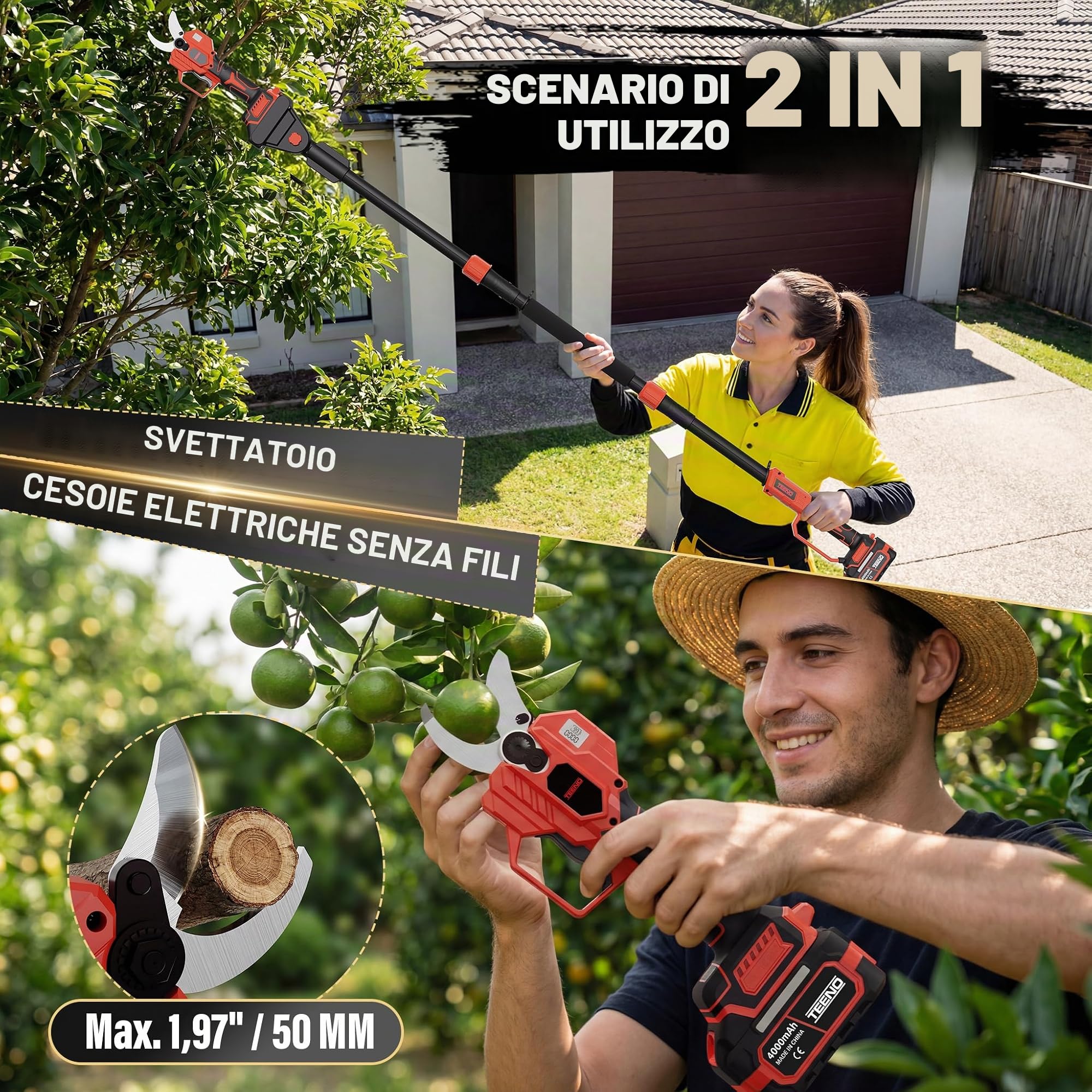 Forbici Potatura a Batteria con Asta 3m, 50 mm Forbice Potatura a Batteria 21V 2 * 4Ah, Cavo prolunga 1,05 m, Portatile Cesoie Potatura per Potatura con Display Per frutteti/giardini/parchi