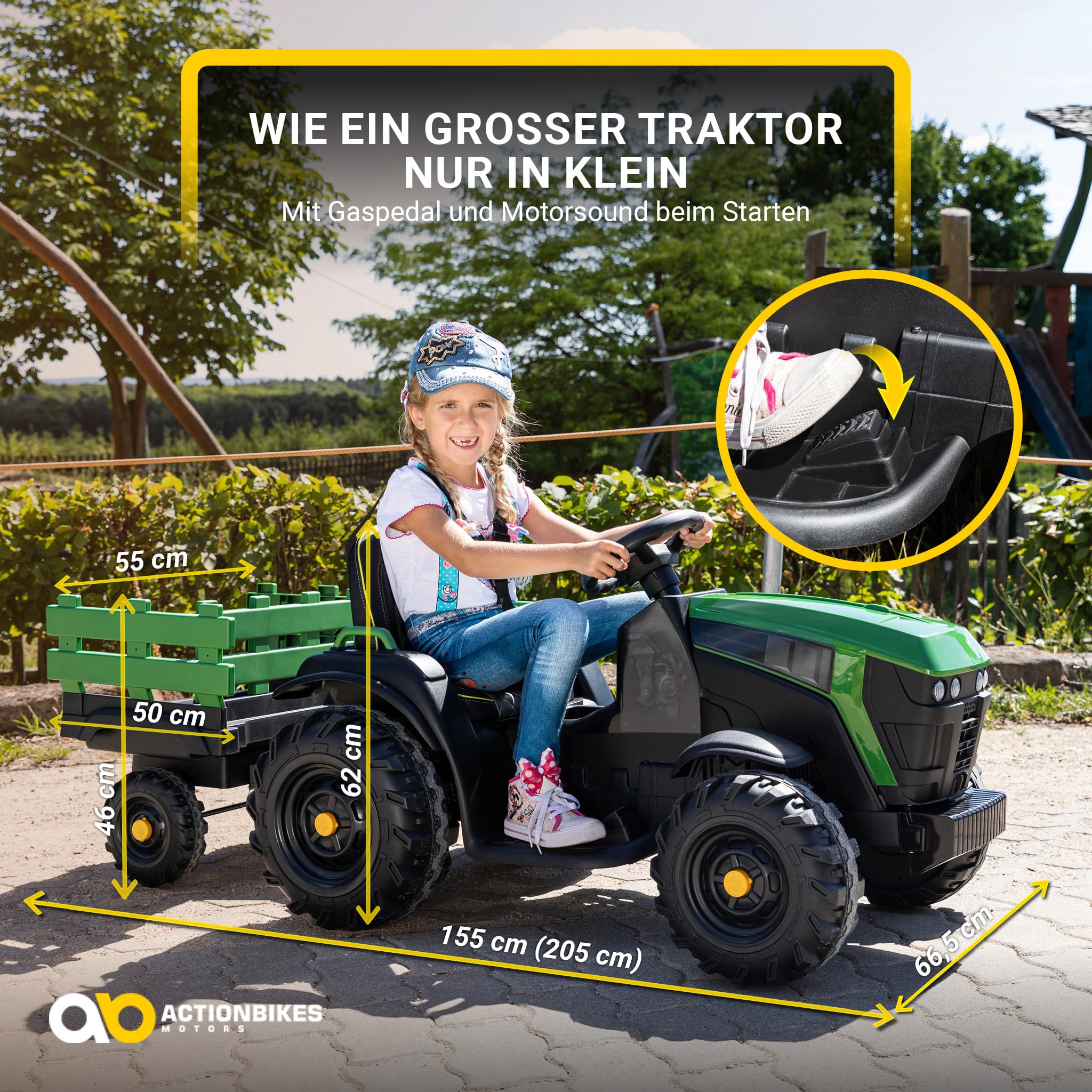 Actionbikes Motors Kinder Elektroauto TD925 | Fernbedienung mit First Funktion - Kinderauto elektrisch - Traktor mit Anhänger - Bulldog - Kindertraktor - Elektro Traktor ab 3 Jahre (Grün/Schwarz)
