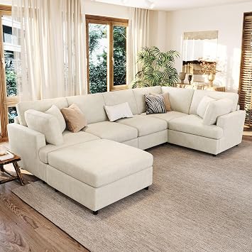 U-Shaped Sectional Sofa 127in 6-Piece Convertible Modular Corner Couch with Movable Ottoman Chenille Fabric Pine Wood Frame for Large Living Room Apartment,BeigeChenille6Seat0