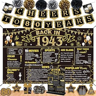 80th Birthday Decorations for Men Women,16PCS Back in 1943 Banner 80 Year Old Party Decorations,Including Vintage 1943 Banner,1943 Poster Anniversary Card,Cheers to 80 years banner,7 Hanging Swirl,6 paper Poms,80th Birthday Gifts for Men