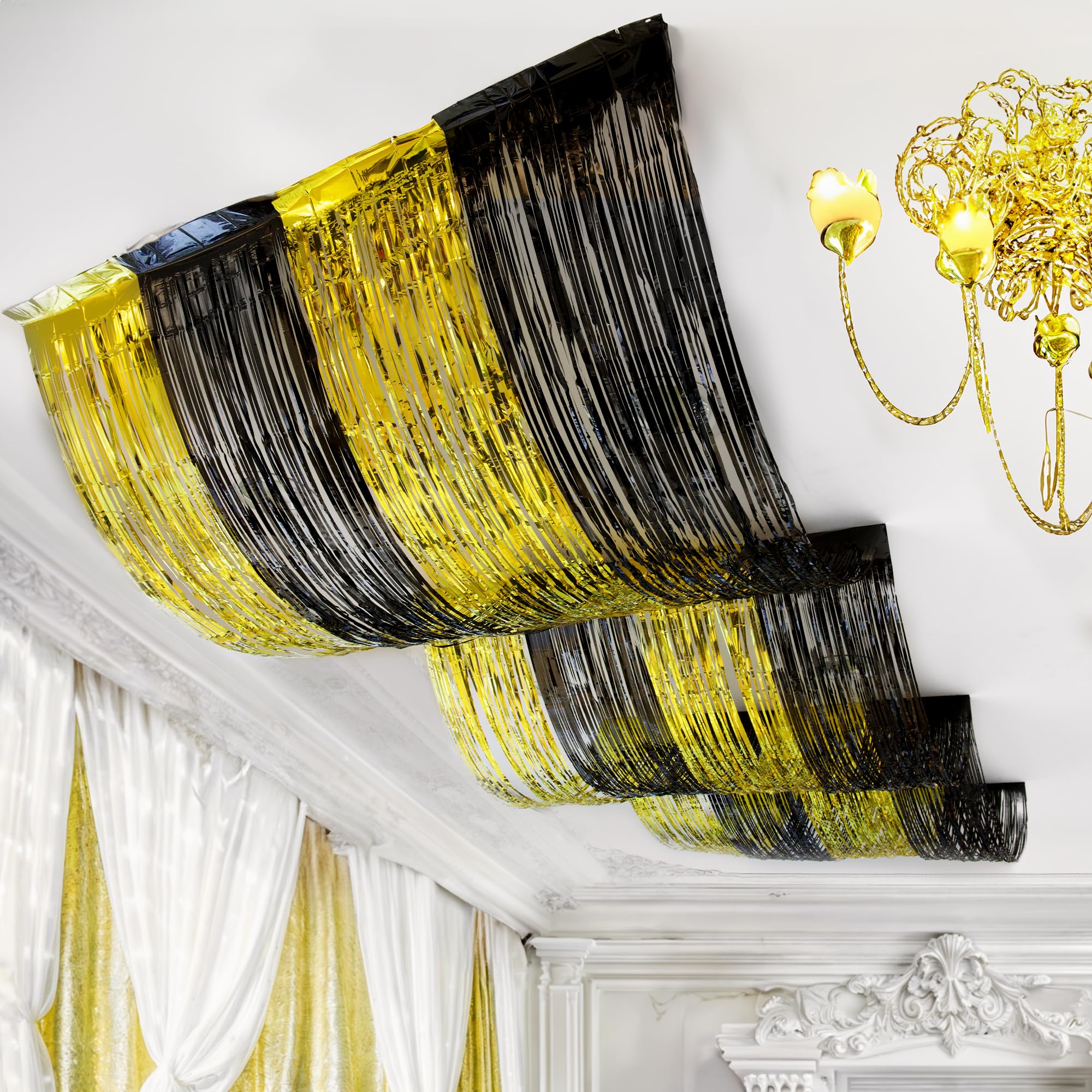 KatchOn, Black and Gold Ceiling Decorations - 4x15 Feet, Pack of 4 | Gold and Black Ceiling Fringe for New Years Decorations 2026 | Streamers for